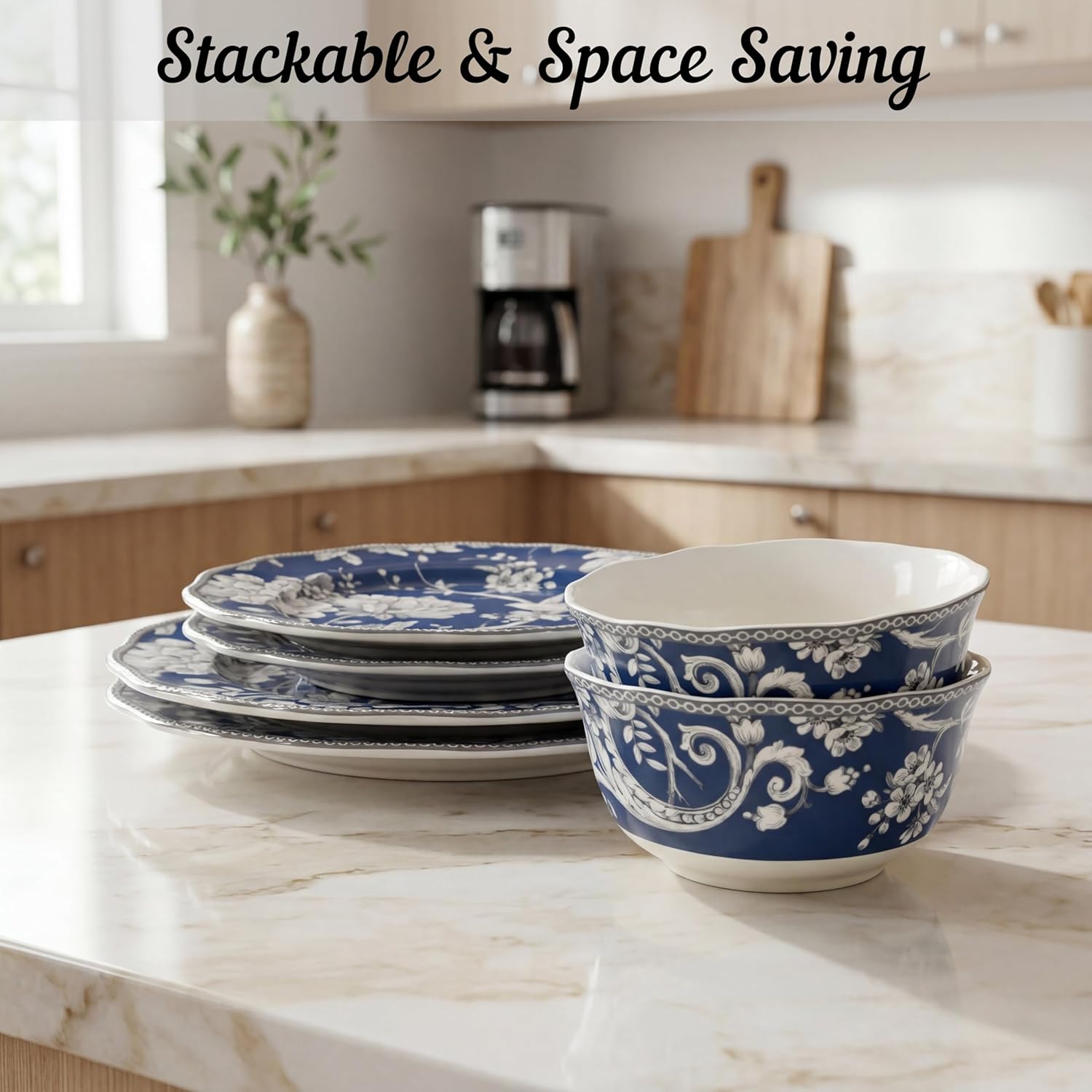 222 Fifth Adelaide 16-Piece Black Porcelain Dinnerware Set – Service for 4, Featuring Hand-Applied Romantic Woodland Bird Design