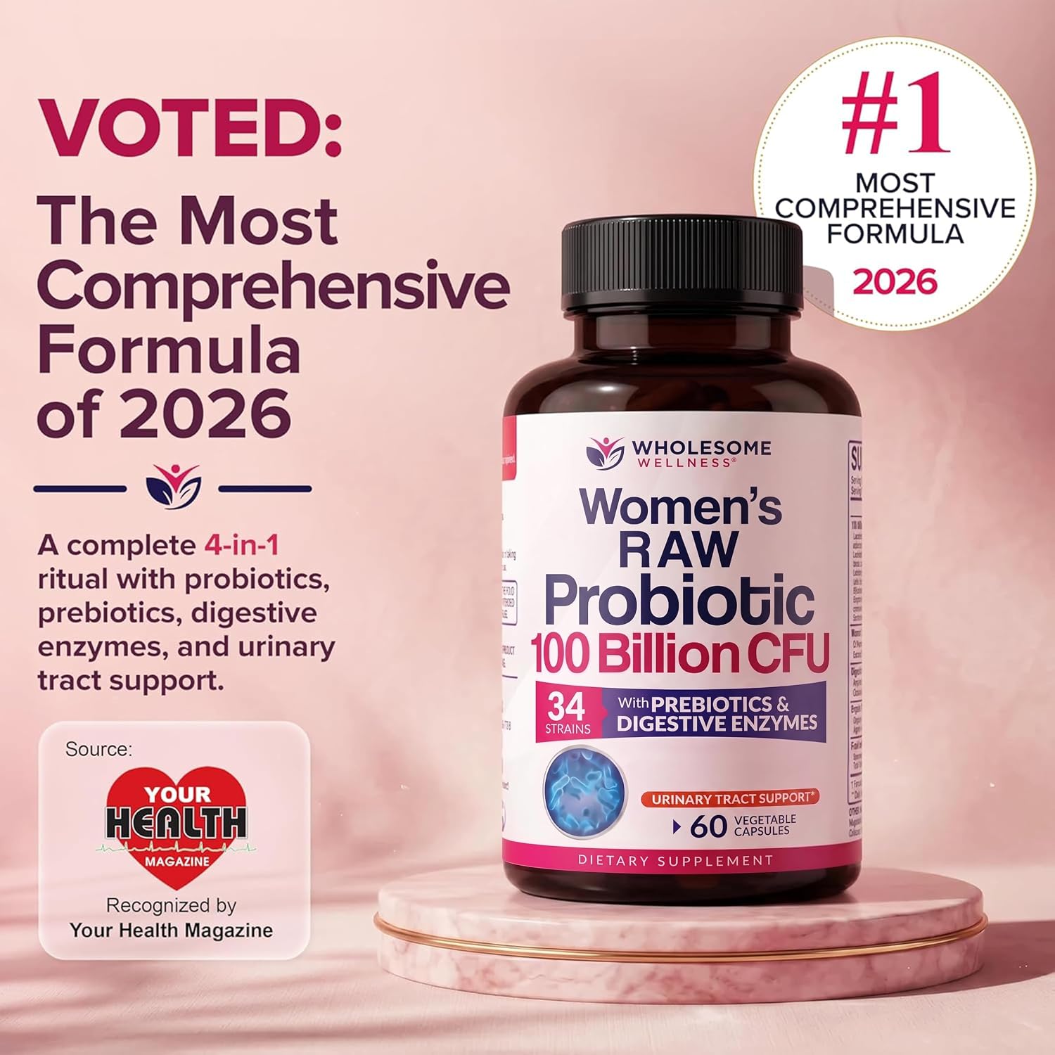Wholesome Wellness Dr. Formulated Raw Probiotics for Women 100 Billion CFUs Capsules with Prebiotics, Digestive Enzymes, Approved for Adults