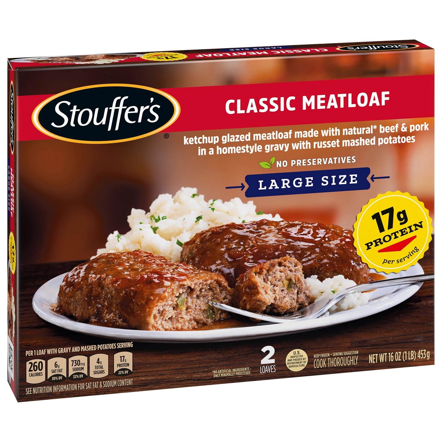 Stouffer's Classic Meatloaf, Single Serve Frozen Meal, 16 Oz | Made with beef and pork topped with homestyle beef gravy and mashed potatoes