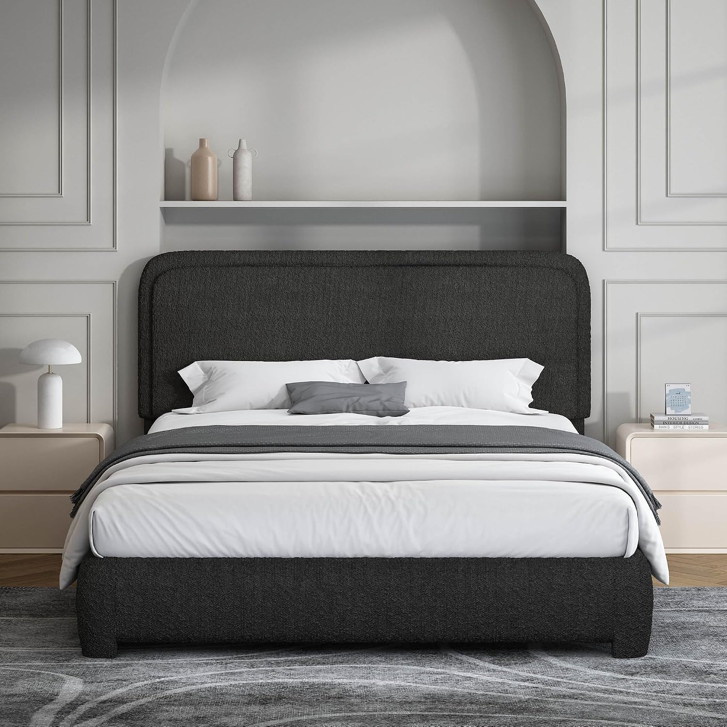BarnFurin Full Bed Frame, Cloud Boucle Headboard, Rounded Corners, White | Soft boucle and rounded edges create a low-profile cloud look. Wooden slats support the mattress without a box spring