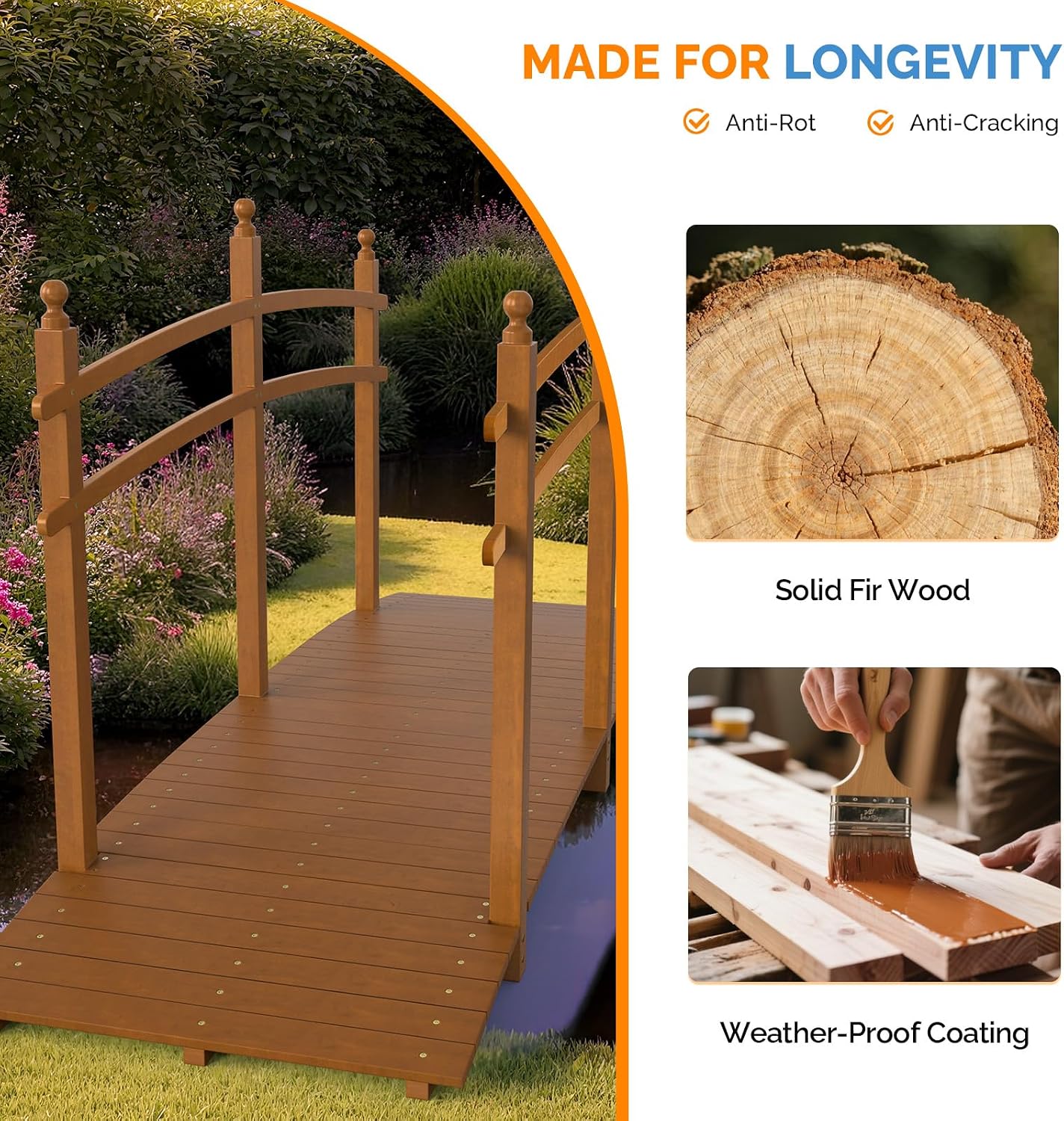 VINGLI 5 ft Garden Bridge, Classic Wooden Arch with Safety Rails Stained Finished Footbridge, Decorative Pond Landscaping, Backyard, Creek or Farm