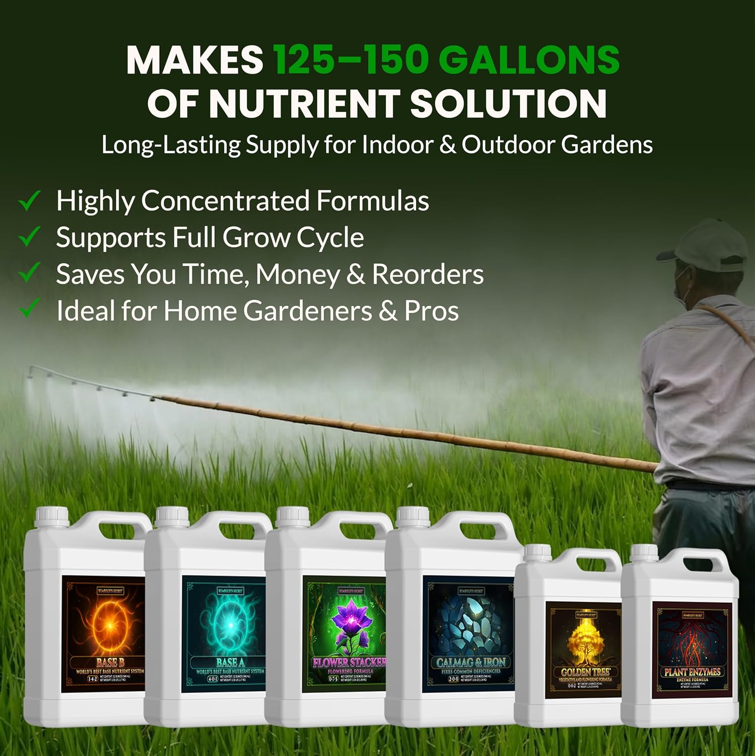 Humboldts Secret Starter Kit Pack | Indoor and Outdoor Plant Fertilizer and Hydroponic Nutrients | Base A & B, CalMag and Iron, Golden Tree, Flower Stacker, Plant Enzymes | Complete Garden System
