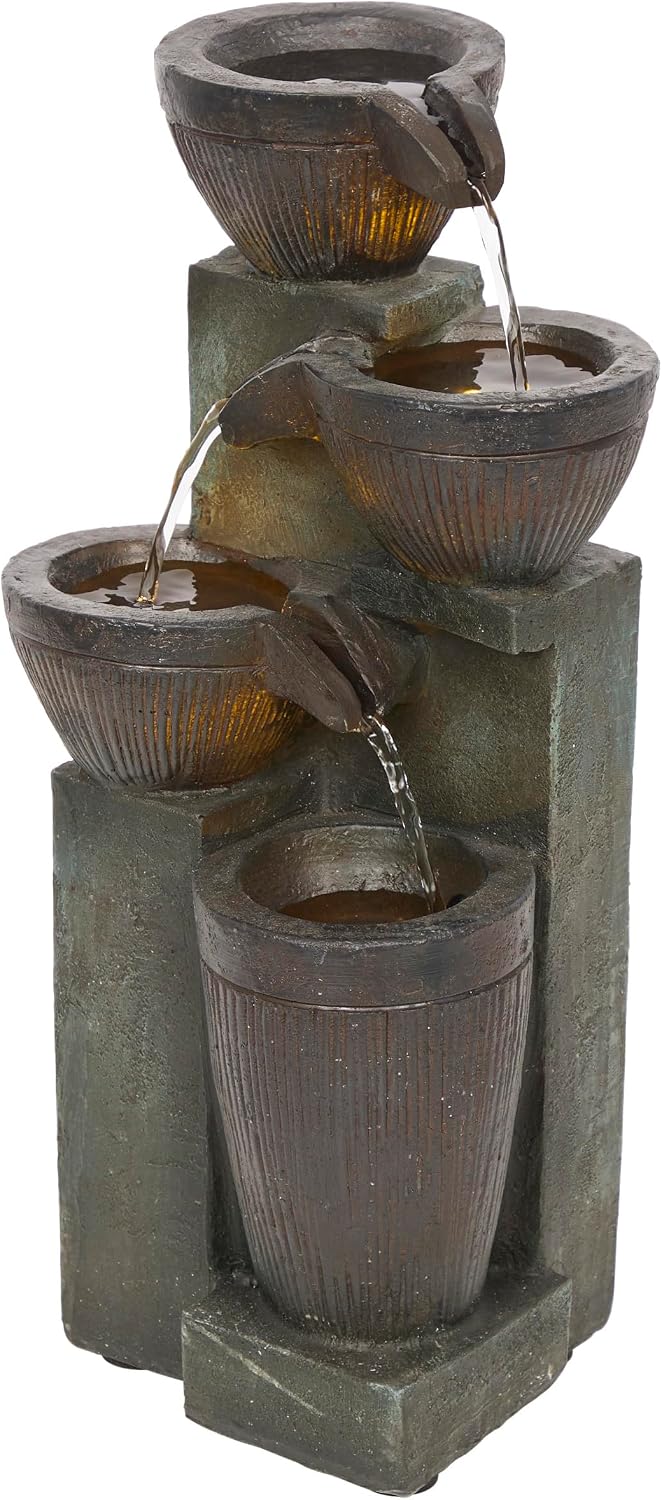 Alpine Corporation WIN326 Indoor Tabletop Light-Up Tiered Rainforest Tree Trunk Water Fountain with LED Lights, 11", Brown