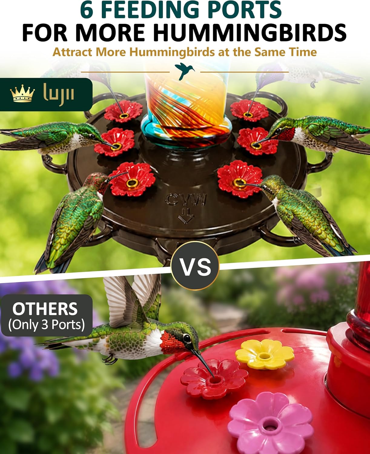 LUJII Hummingbird Feeder, Hand Blown Glass Hummingbird Feeder, Never Fade, 36 Fluid Ounces, 5 Feeding Metal Stations, Much Bigger, Garden Backyard Decorative, Containing Ant Moat (Blue)