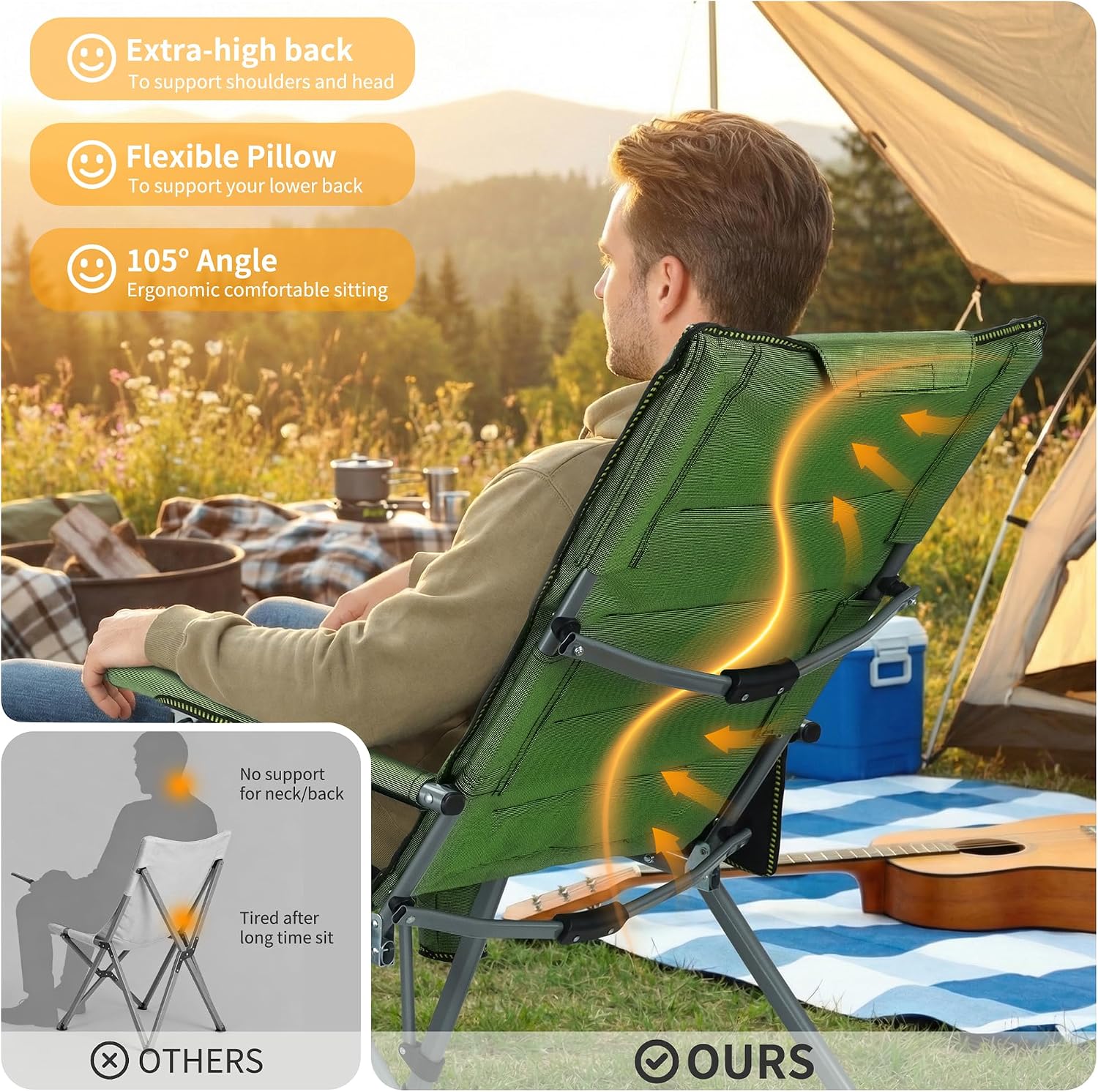 Adjustable Back Folding Camping Chair for Camp, Picnic, Lawn, Fishing | Adjustable Back; Weight Capacity 400 LBS;Hard Arm Portable Chair;Cup Holder;Storage Bag;carrying bag