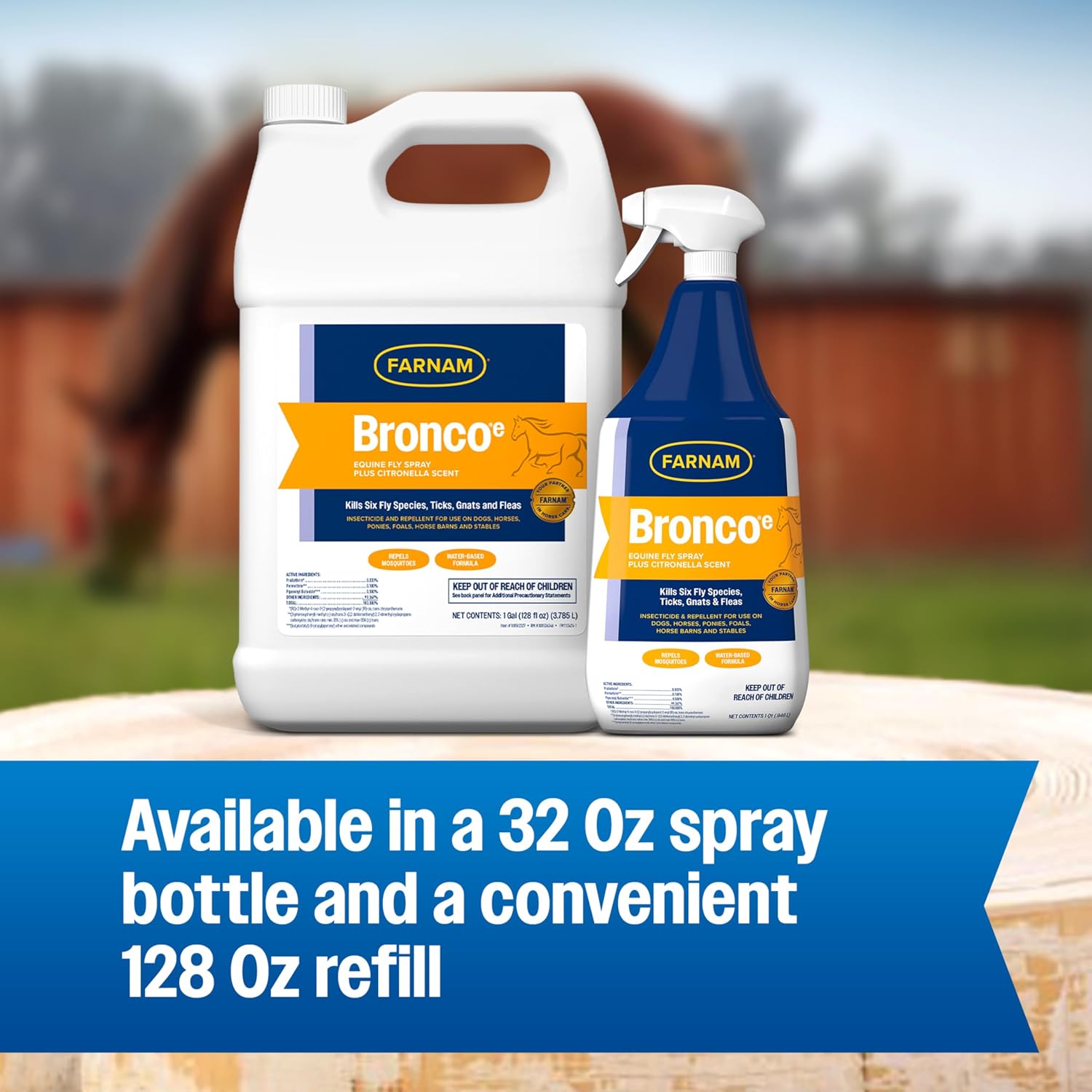 Farnam Bronco E Fly Spray for Horses, Dogs & Premises 128 oz Refill | Kills & Repels Stable, Horse, Deer, House & Horn Flies, Mosquitoes, Fleas, Chiggers, Ticks, Lice & Gnats