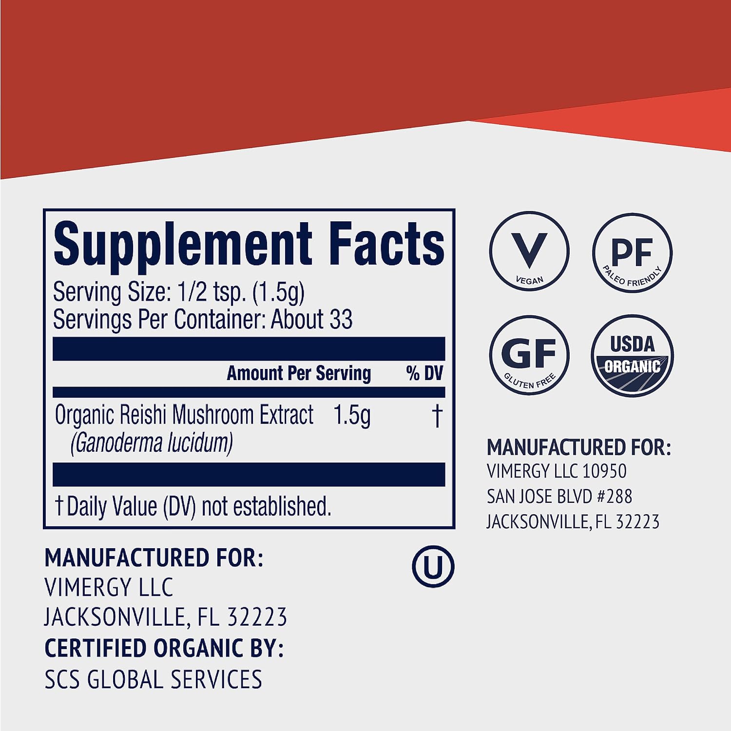 Vimergy Reishi Powder – Superfood Cellular Support* – Benefits Immune Health* – USDA Certified Organic, Vegan, Paleo-Friendly, Gluten-Free – 33 Servings | Superfood Cellular Support*, Adaptogen*, Boosts Immunity*, Vegan, Alcohol & Gluten-Free Supplement