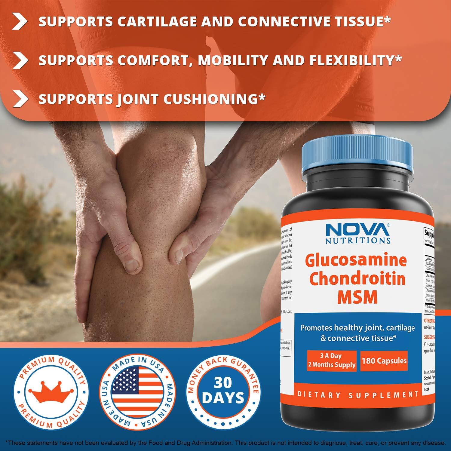 Nova Nutritions Triple Strength Glucosamine Chondroitin MSM 2600mg/Serving Capsules, Supports Healthy Joint