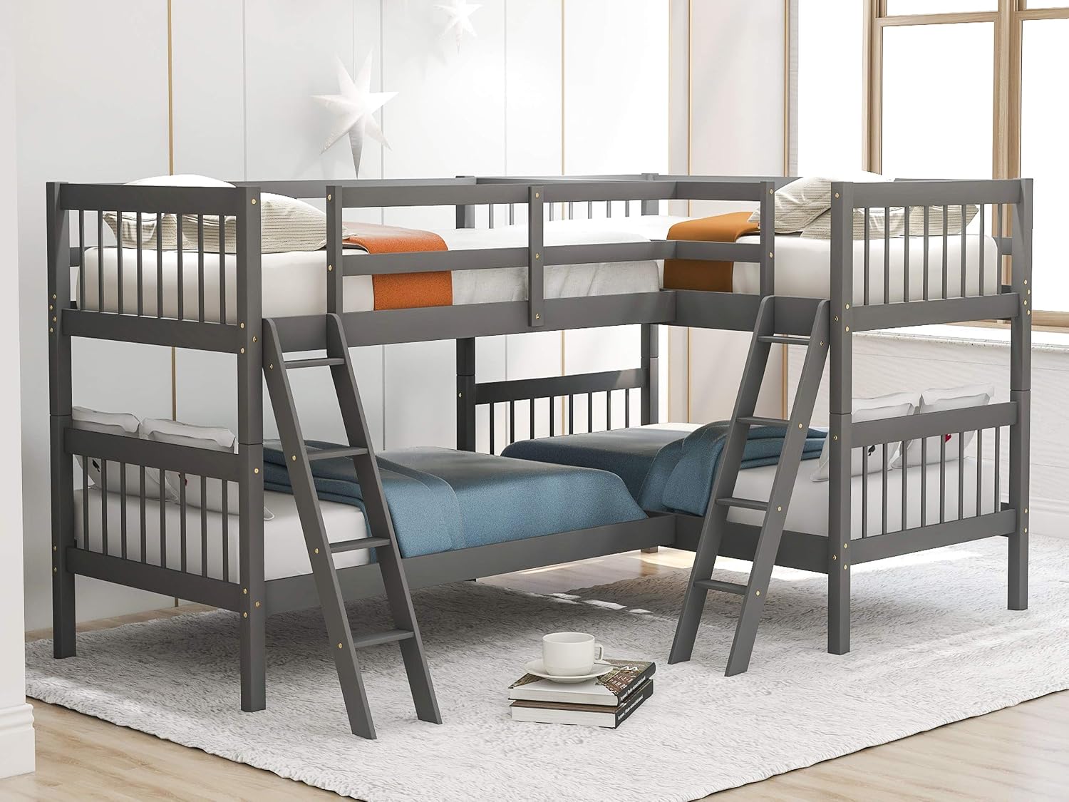 Harper & Bright Designs Twin L-Shaped Bunk Bed with Trundle, Can be Divided into Two L-Shaped Beds, No Spring Box Needed (Grey)