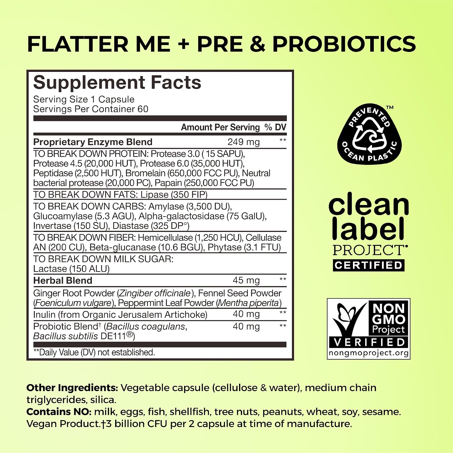 HUM Flatter Me Digestive Enzymes, Digestion & Bloating Support, 60 Count | 18 Digestive Enzymes, Ginger, Peppermint & Fennel, Women & Men, Vegan, Non-GMO, 60 Capsules