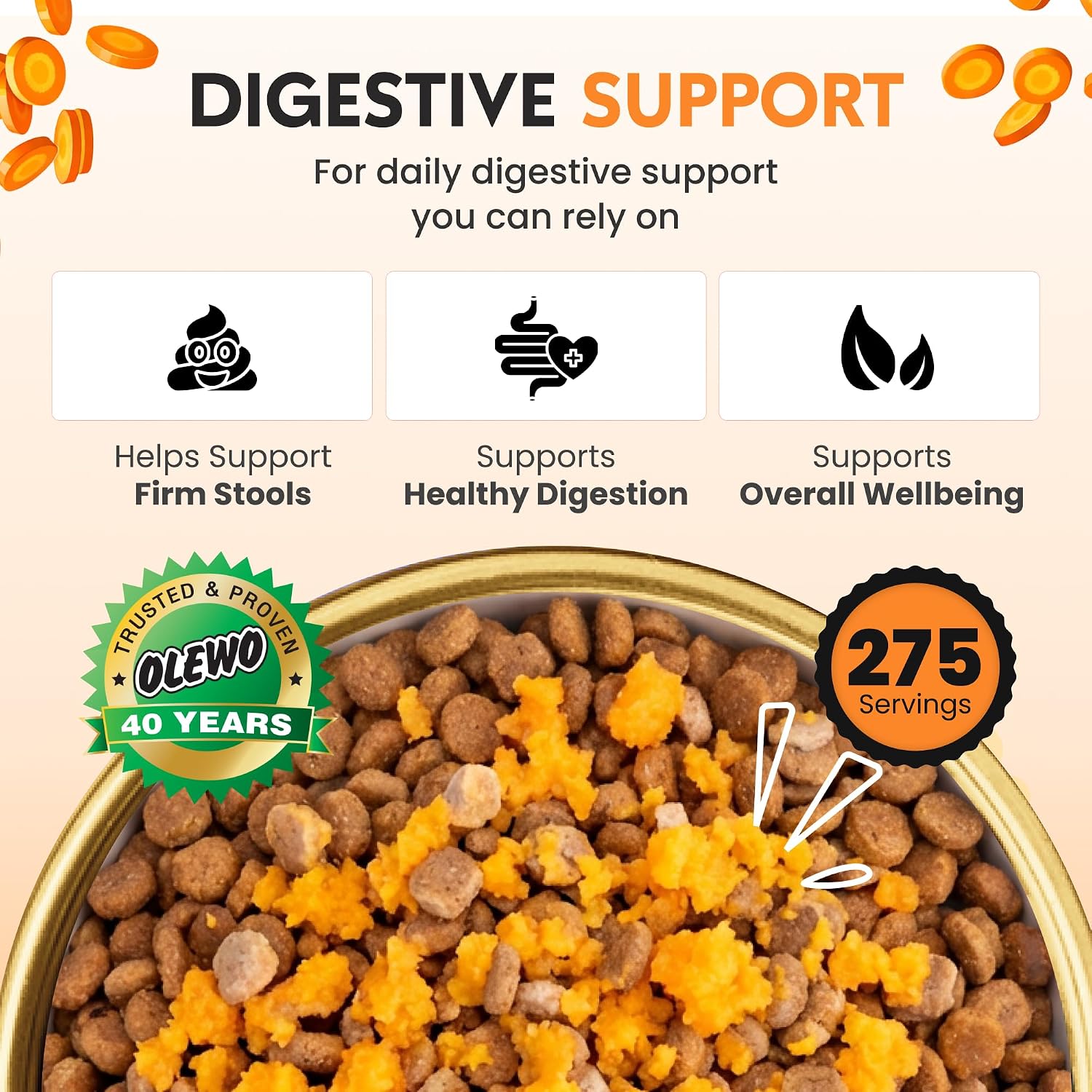 Olewo Carrots Dog Food Topper for Digestive Support & Firm Stools, 1 lb | Real-food digestive support. Whole-food alternative to powders, blends & synthetic supplements. Made in Germany.
