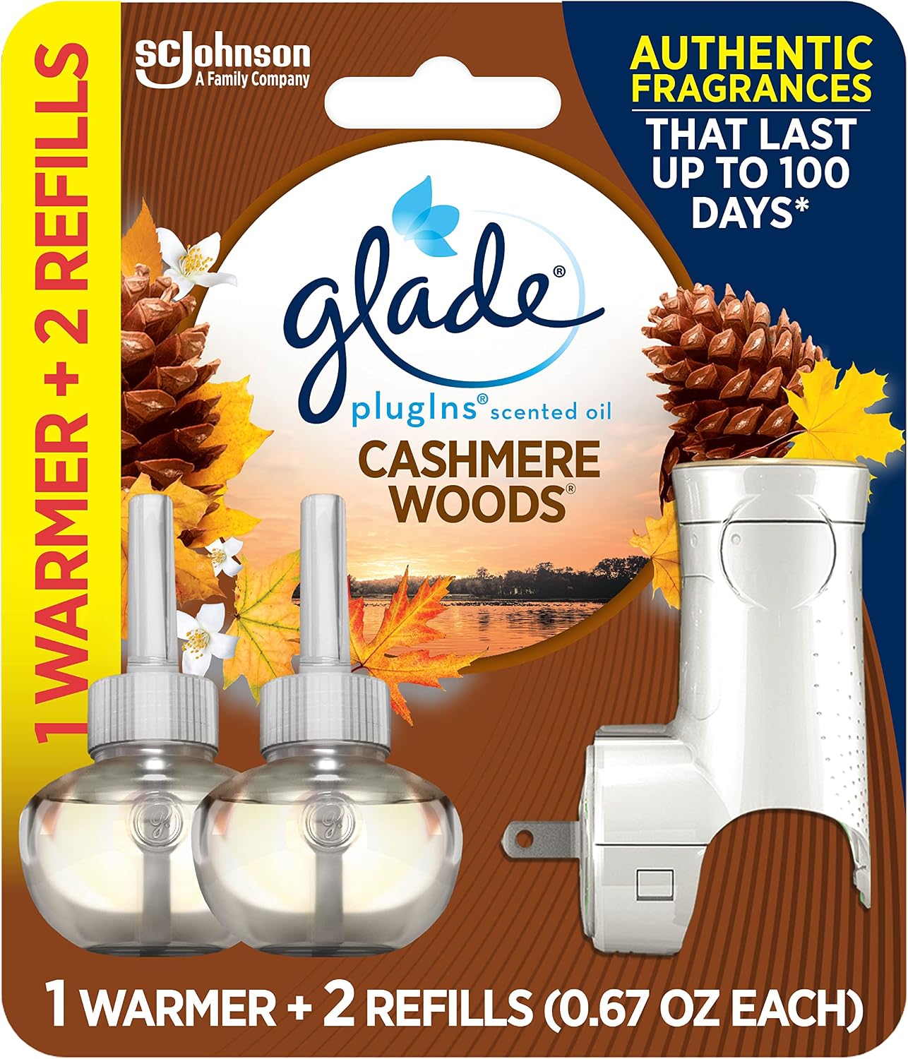 Glade PlugIns Refills Air Freshener Starter Kit, Scented and Essential Oils for Home and Bathroom, Cashmere Woods, 1.34 Fl Oz, 1 Warmer + 2 Refills