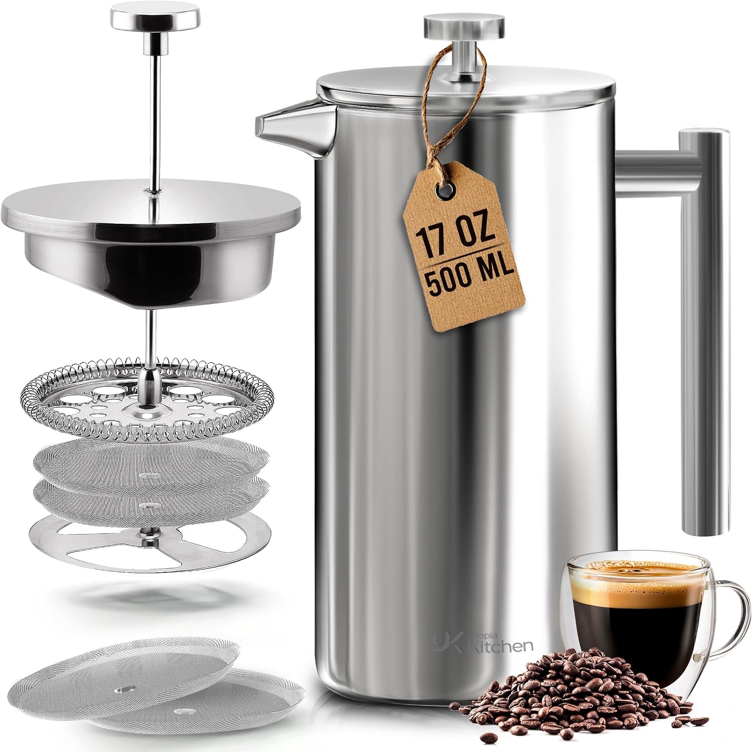 Utopia Kitchen 304 Grade Stainless Steel French Press 34 Oz, Silver | Double Wall Insulated Coffee Press with 4-Level Filtration System, Include 2 Extra Filters, Rust-Free, Dishwasher Safe