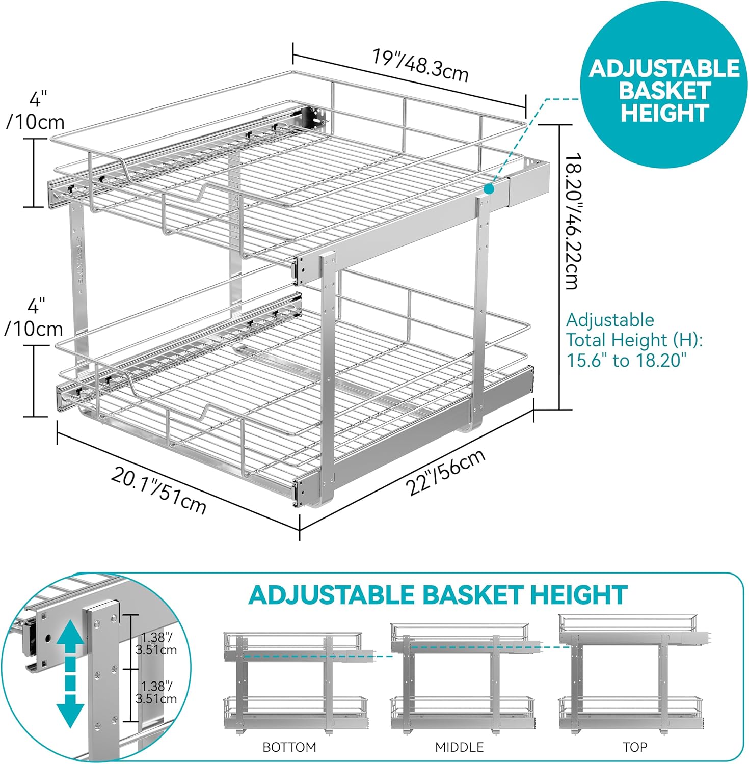 2 Tier Pull Out Cabinet Organizer 11" W X 22" D, Chromed, Full Slide Out