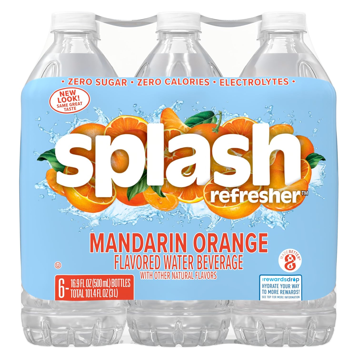 SPLASH REFRESHER Flavored Water Bottles, Mandarin Orange - 6 Pack | Refreshing Flavored Bottled Water with Electrolytes - Zero Sugar & Zero Calories - 16.9 Fl Oz