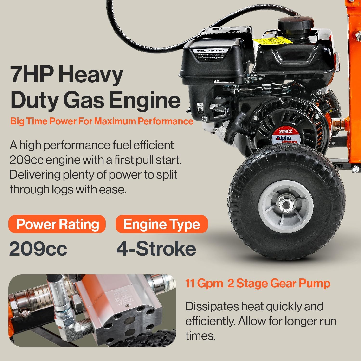 SuperHandy Portable 25 Ton Gas Log Splitter with 7HP Engine, Bucher Gear Pump