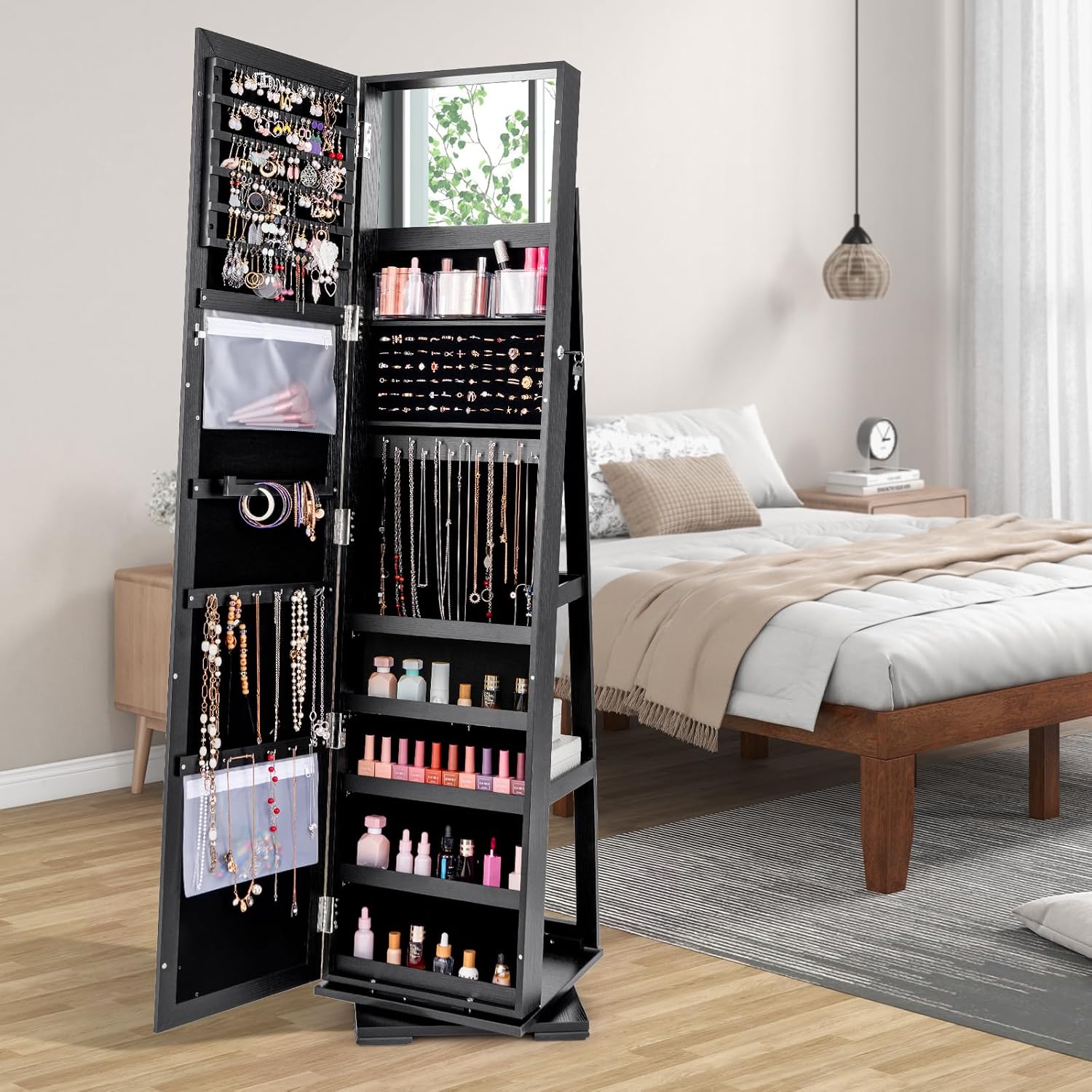 CHARMAID 360° Swivel Jewelry Armoire with Higher Full Length Mirror, Standing Lockable Jewelry Cabinet Organizer with Large Storage Capacity