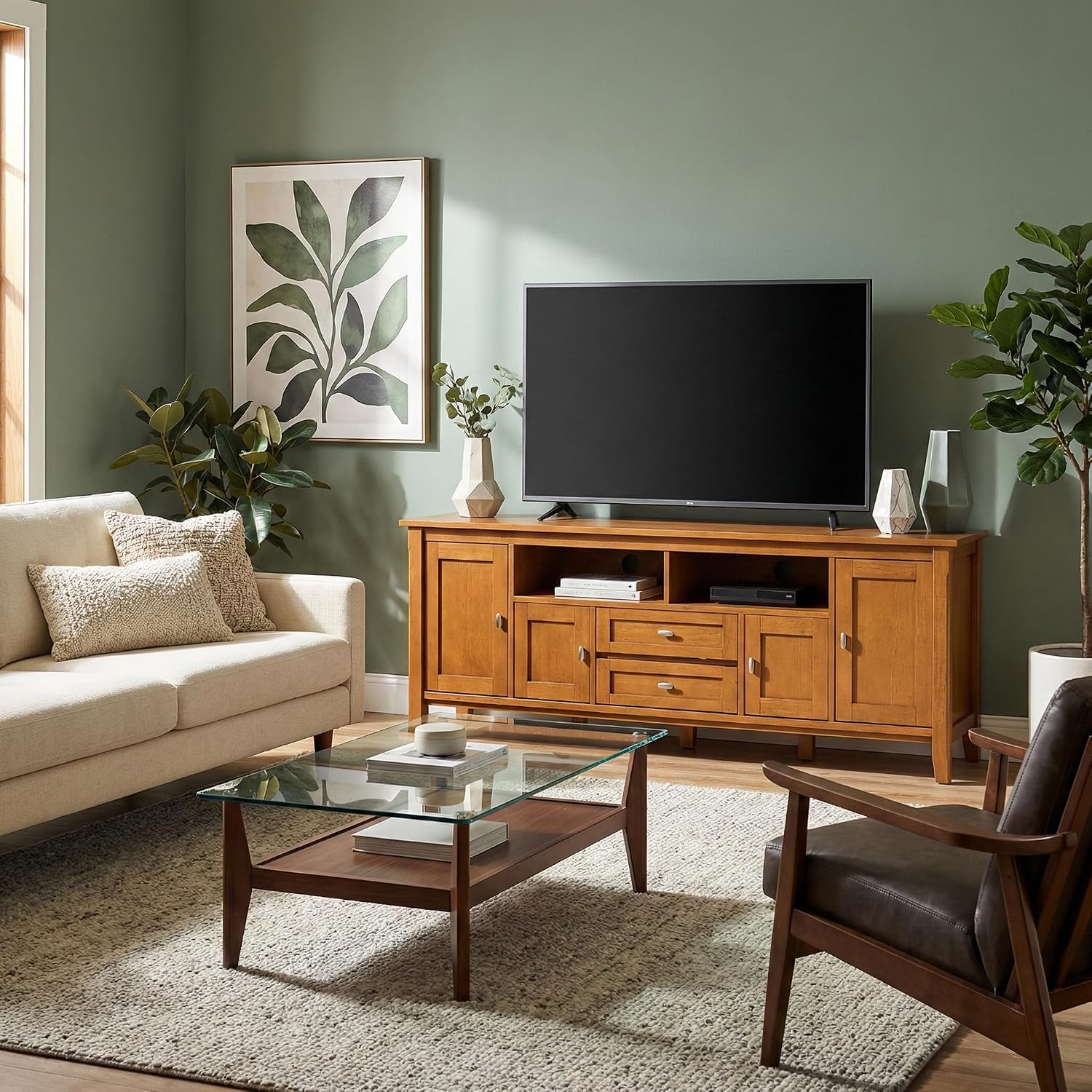 SIMPLIHOME Warm Shaker 47" Wide Solid Wood TV Stand in Light Golden Brown