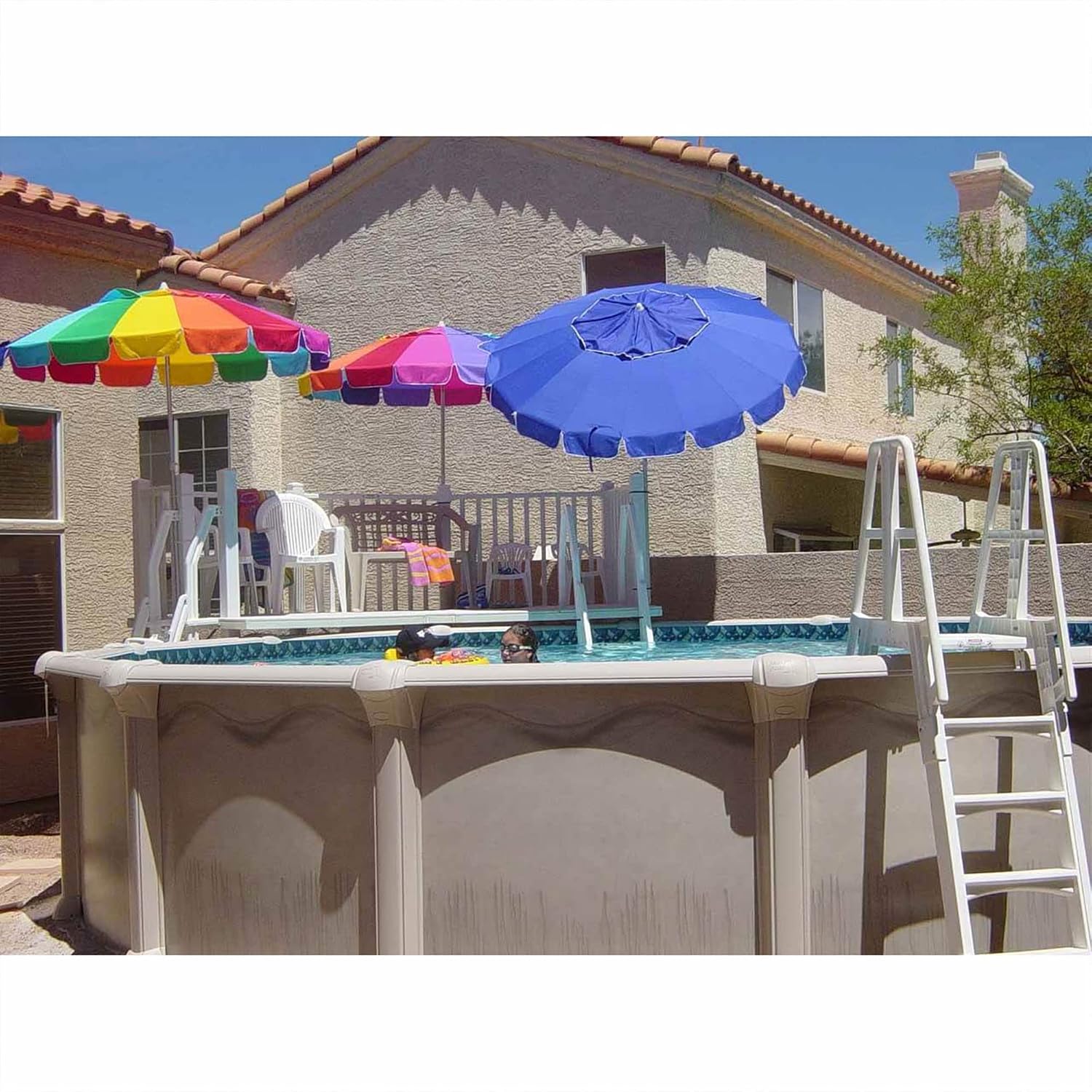 SLA A-Frame 48 to 56 Inch Adjustable Above Ground Swimming Pool Ladder Entry System with Slide Lock Barrier and Handrails, White