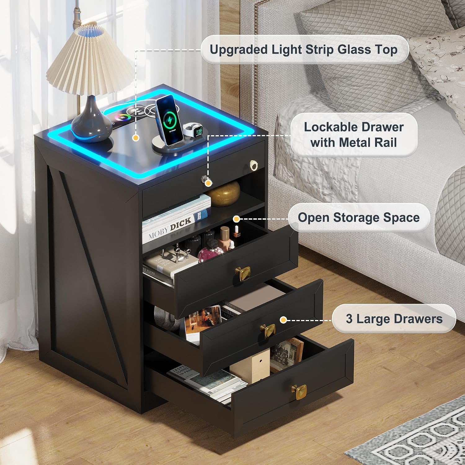 Lvifur LED Nightstand with Lockable Gun Drawer and Human Sensor, Black | USB & Type-C Charging Station, 3 Dimmable Lights, Adjustable Brightness, 3 Drawers, Farmhouse Style, Human Body Induction