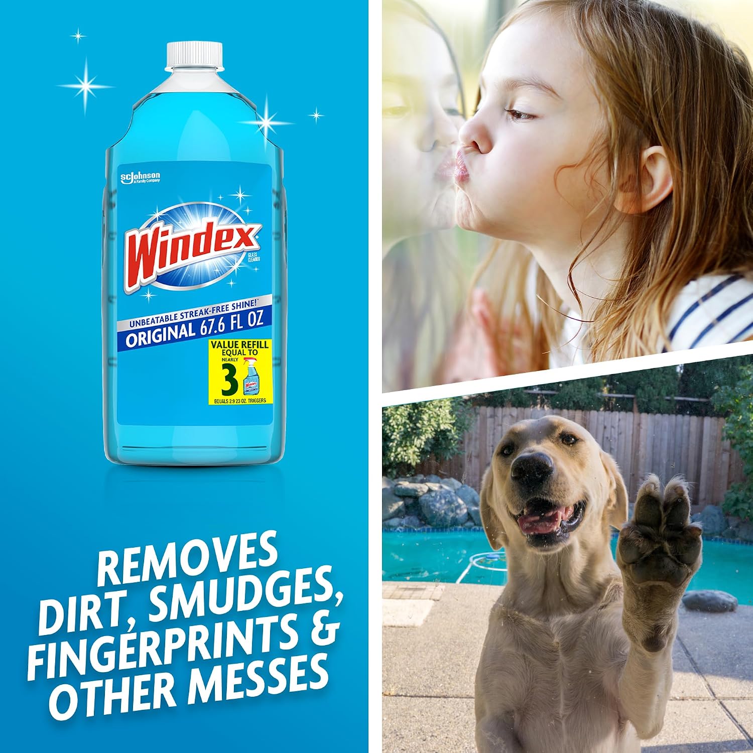 Windex refill glass and window cleaner, made from 100% recycled plastic, surface cleaning spray, original blue scent, 2L (67.6 fl oz)