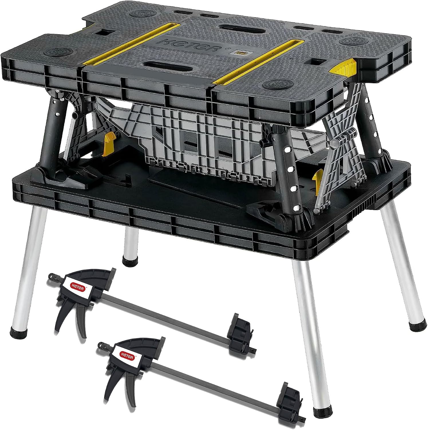 Keter Heavy-Duty Folding Workbench with 1,000 Pound Capacity | Foldable Work Table with 12 Inch Adjustable Clamps for Garage and Outdoor Workshop, Home Improvement, and Construction