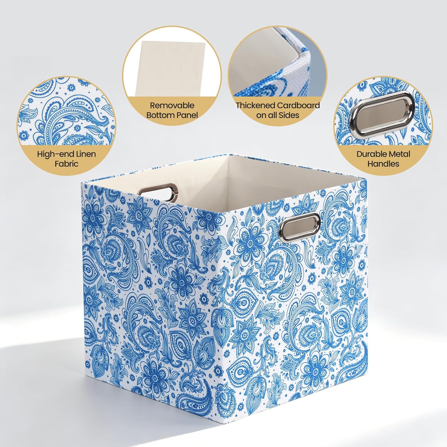 Posprica Storage Bins, Storage Cubes,13×13 Fabric Drawers Organizer Basket Boxes Containers (13×13×13/4pcs, Cream/gold geometry Pattern)