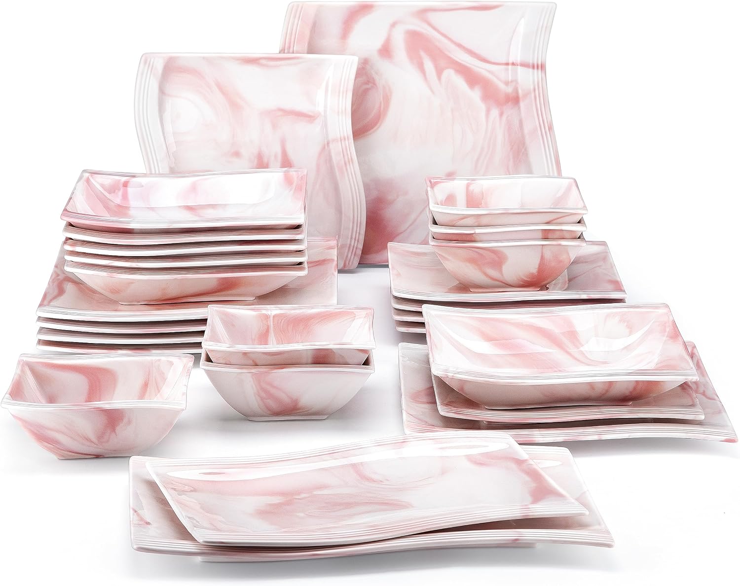 MALACASA Plates and Bowls Sets, 26 Pieces Ivory White Porcelain Dinnerware Sets without Mugs, Square Dinnerware with Dinner Plates, Bowls and Serving Platters, Modern Dish Set for 6, Series Flora