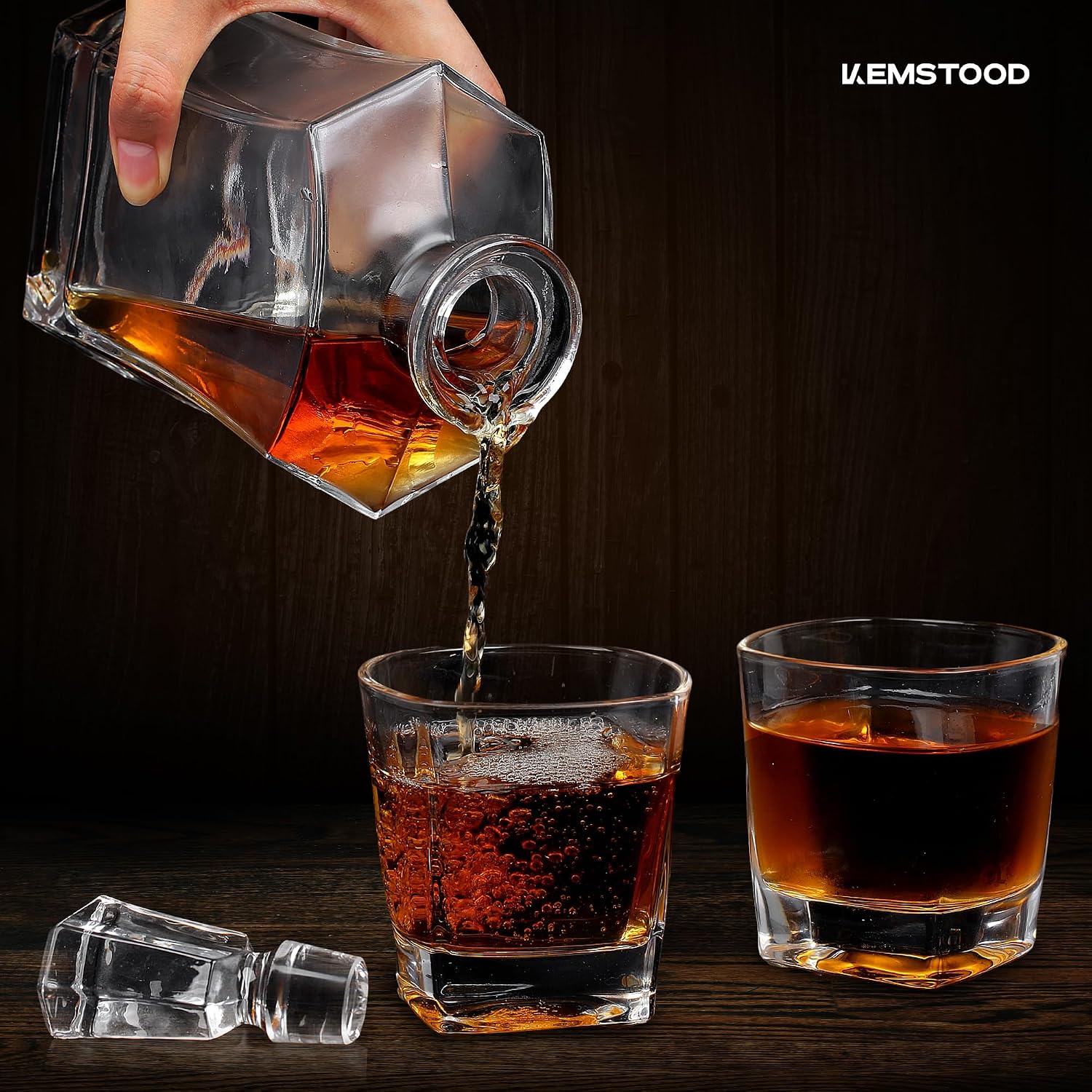 Kemstood Whiskey Decanter Sets for Men - Etched World Globe Design with Wood Stand & 2 Glass - Ideal for Dignified Drinking, Home Decor - Unique Whiskey Gifts for Men - 28 oz / 850 ml Capacity