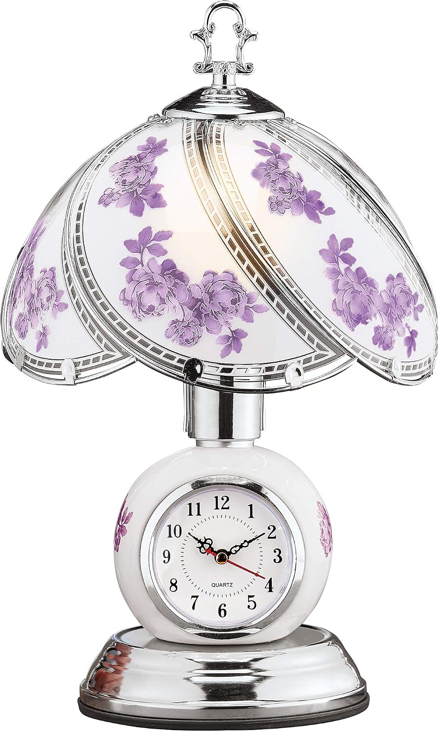 Collections Etc Rose Glass Panel Touch Lamp with Analog Clock - Silver-Toned Base - 3 Levels of Brightness - Glass, Metal - 9" Dia x 14.5" H