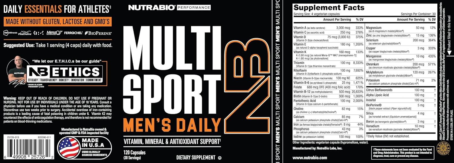 NutraBio Multisport for Men - Mens MultiVitamin - 33 Vitamins, Minerals, Micronutrients - Rich in Antioxidants - Supports Peak Athletic Performance