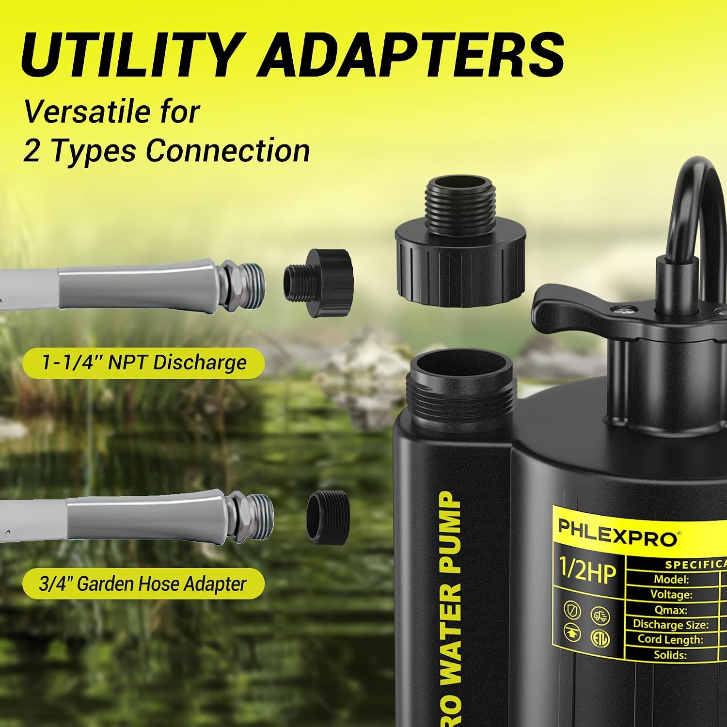 1/2HP Automatic Submersible Sump Pump, 5300 GPH Water Pump | 3/4" Garden Hose Check Valve Adapter, 2650 GPH Water Removal for Swimming Pool Cover Hot Tubs Flooded House Basement