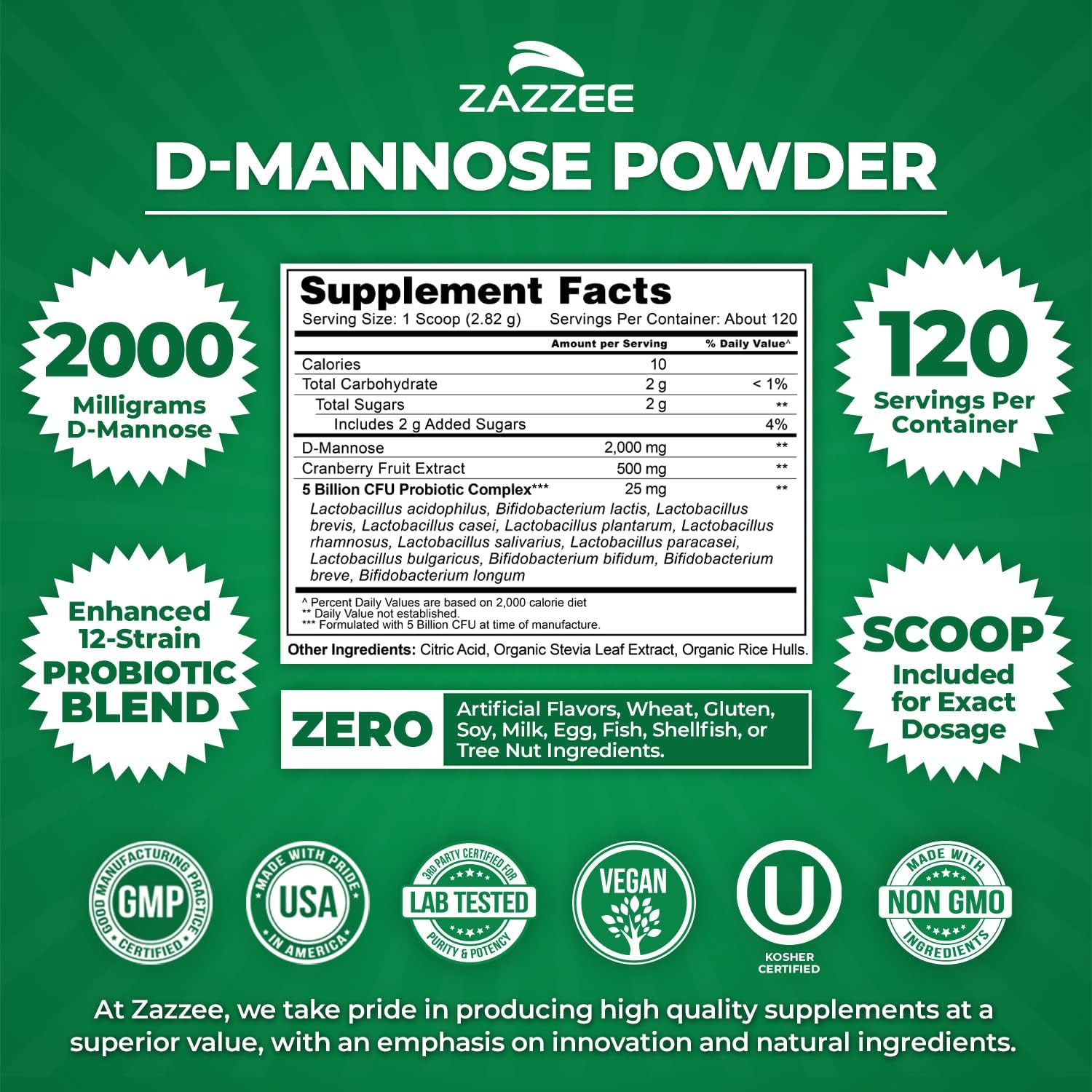 Zazzee D-Mannose Powder Plus, 2000 mg, 67 Servings, Free Scoop, Made in USA | Plus 5 Billion CFU Probiotics and Pure Cranberry Juice Extract, Kosher, 6.67 oz, Urinary Tract & Bladder Support, Non-GMO
