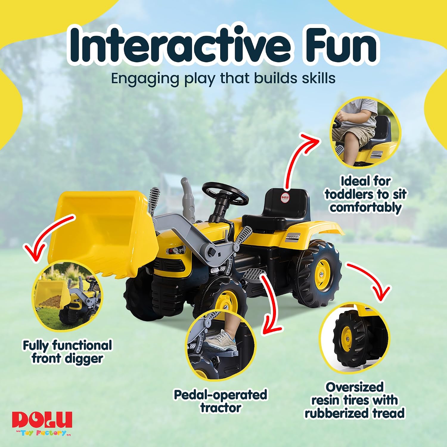 DOLU Kids Pedal Tractor and Excavator Ride-On Toy - Durable Plastic Construction, Adjustable Seat, Oversized Resin Tires for Ages 3+
