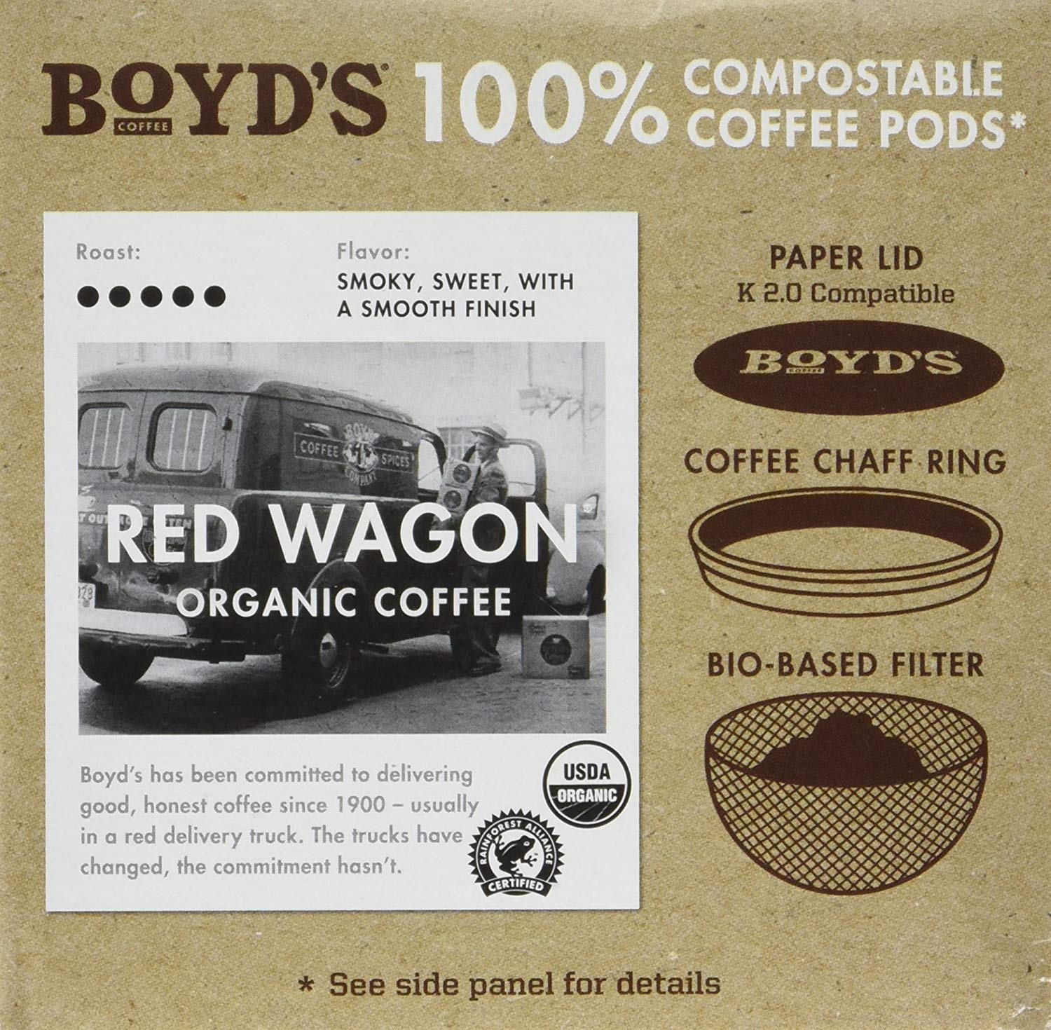 Boyd's Organic Red Wagon Dark Roast Coffee Pods Keurig Compatible, 72 Count | 100% compostable pods, Arabica beans, Colombia, Peru & Mexico, smooth