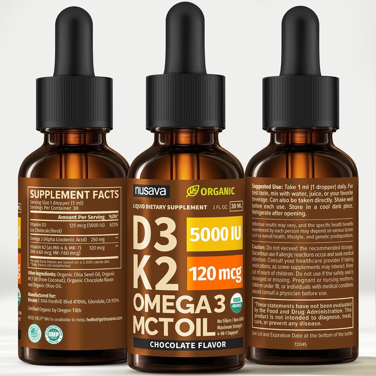 Nusava Organic Vitamin D3 K2 Drops with MCT Oil, Unflavored, Pack of 2