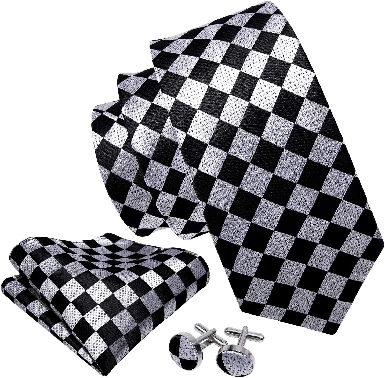 Barry.Wang Plaid Ties for Men Silk Necktie Handkerchief Cuff Links Set