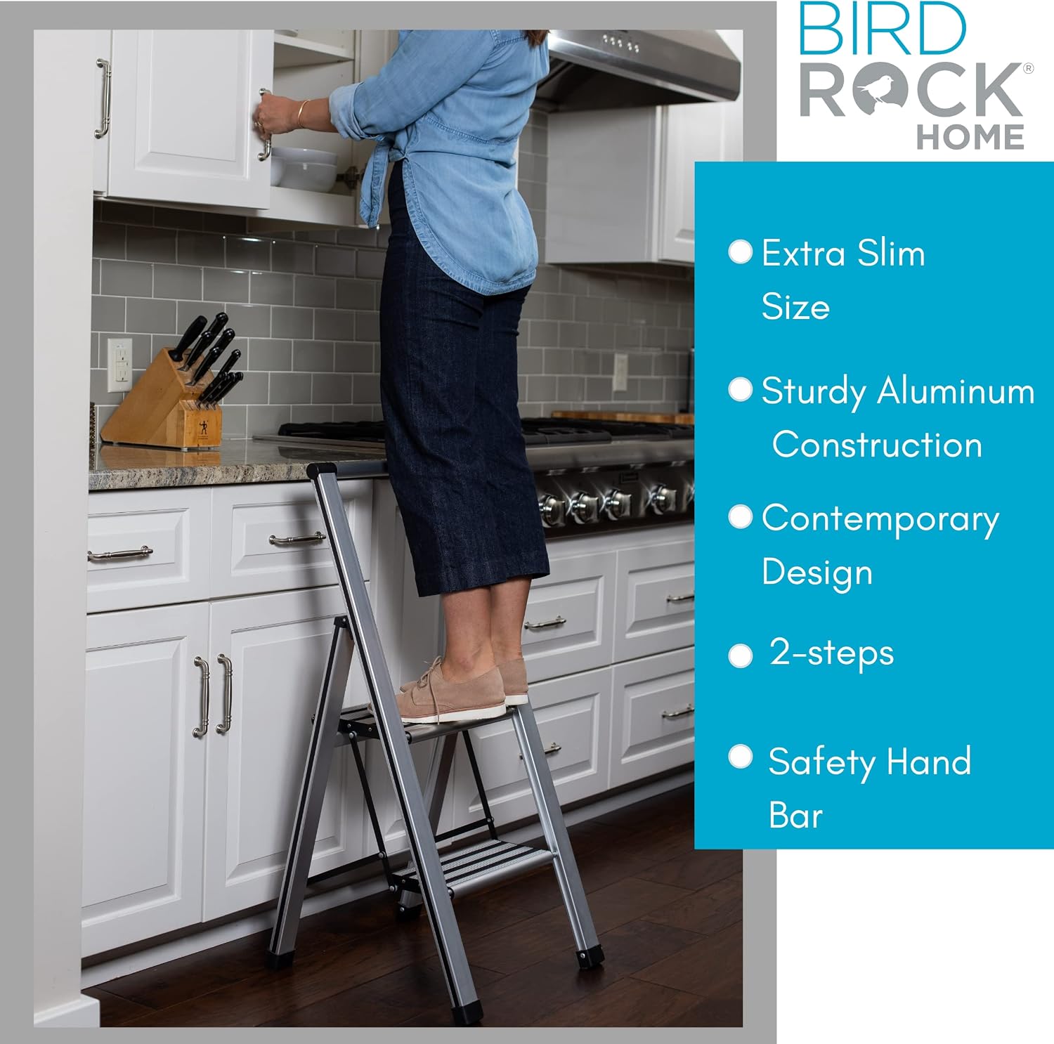 BIRDROCK HOME 2 Step Ladder | Folding Anti-Slip Step Stool, 250 lb Capacity | Lightweight, Slim & Sturdy Design for Household, Kitchen, Garage