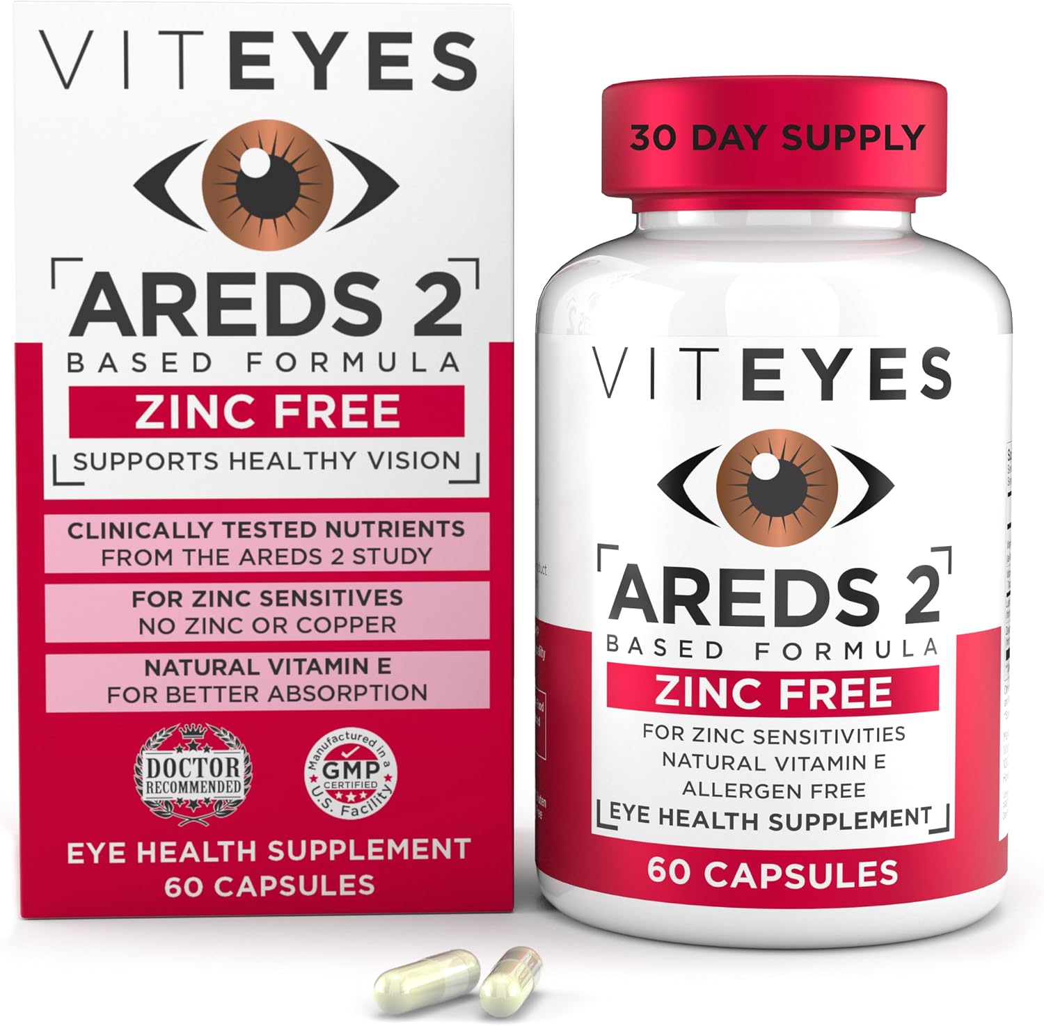 Viteyes AREDS 2 Zinc Free Macular Support, Natural Allergen Free Capsules with Vitamin E, Vitamin C, Lutein & Zeaxanthin, No Zinc, No Copper, Eye Doctor Trusted, Manufactured in the USA, 180 Ct