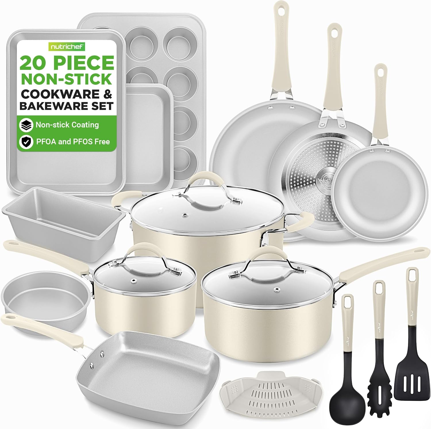NutriChef 20-Piece Pots and Pans Set Non Stick – Induction Cookware Set, PFAS-Free Nonstick Cookware for All Cooktops