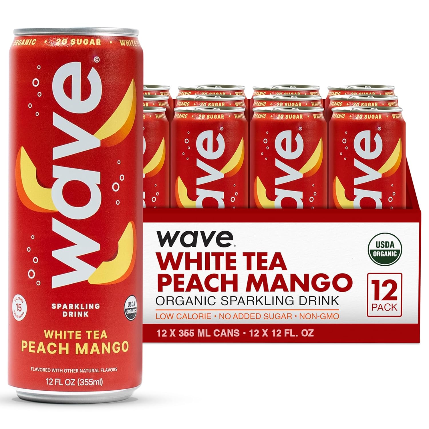 WAVE Organic Sparkling Drink, Soda Alternative, White Tea Peach Mango | No Added Sugar, Low Calorie, No Artificial Sweeteners, Coconut Water