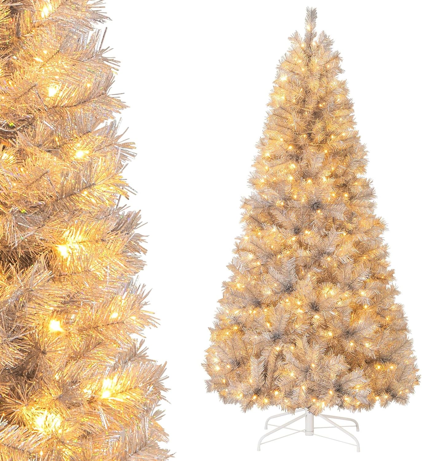 Goplus 7.5ft Pre-Lit Artificial Christmas Tree, Premium PVC Snow Flocked Hinged Pine Tree with Metal Stand and LED Lights