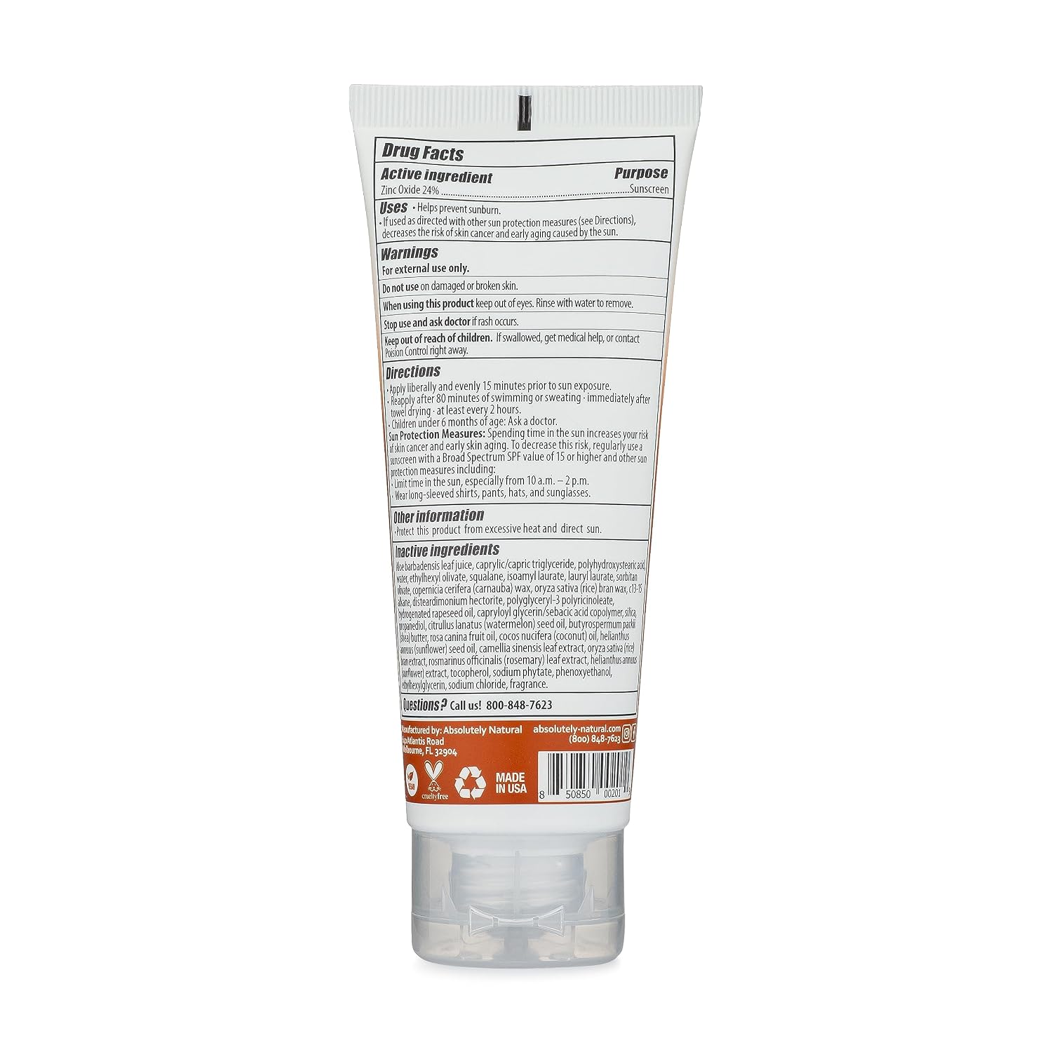 Absolutely Natural - SPF 15 Mineral Sunscreen - Broad Spectrum Water Resistant Moisturizer Lotion For Body & Face - With Non-Nano Zinc Oxide, Vitamin E, & Antioxidants - Made in USA, 3 Oz
