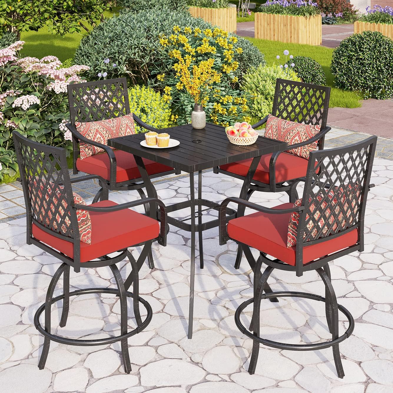 PHI VILLA Outdoor Bar Set 3 PCS Patio Bistro Table & Swivel Stools