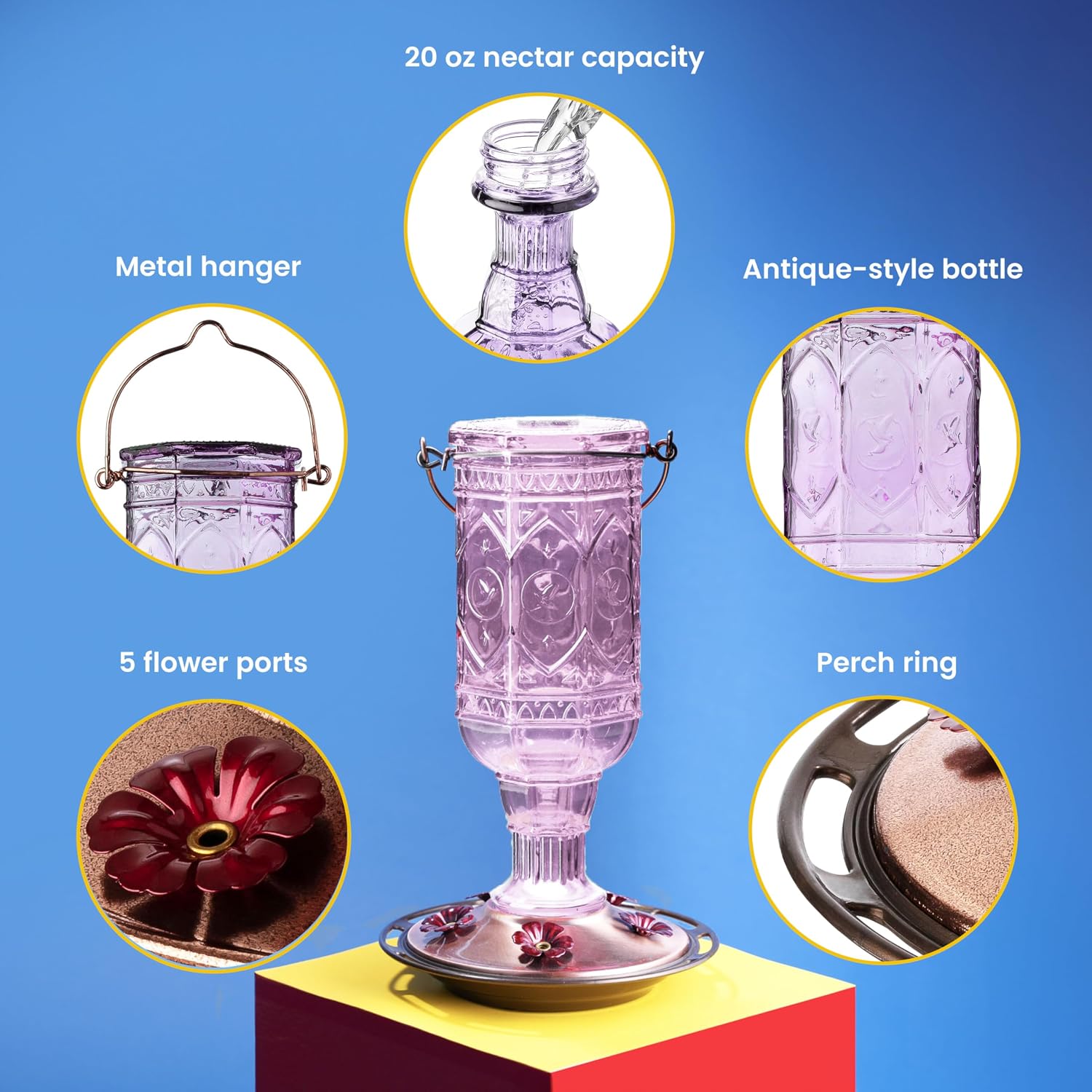 More Birds Red Jewel Hummingbird Feeder, Glass Bottle, 5 Feeding Ports and 20-Ounce Nectar Capacity (76IN)