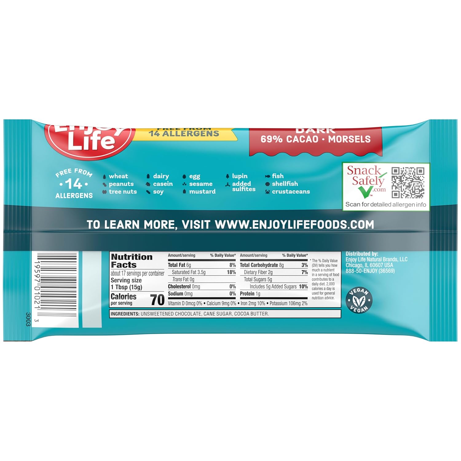 Enjoy Life Baking Dark Chocolate Morsels, Dairy Free , Soy Free, Nut Free, Non GMO, Gluten Free, Vegan Chocolate Chips, 9 oz bag
