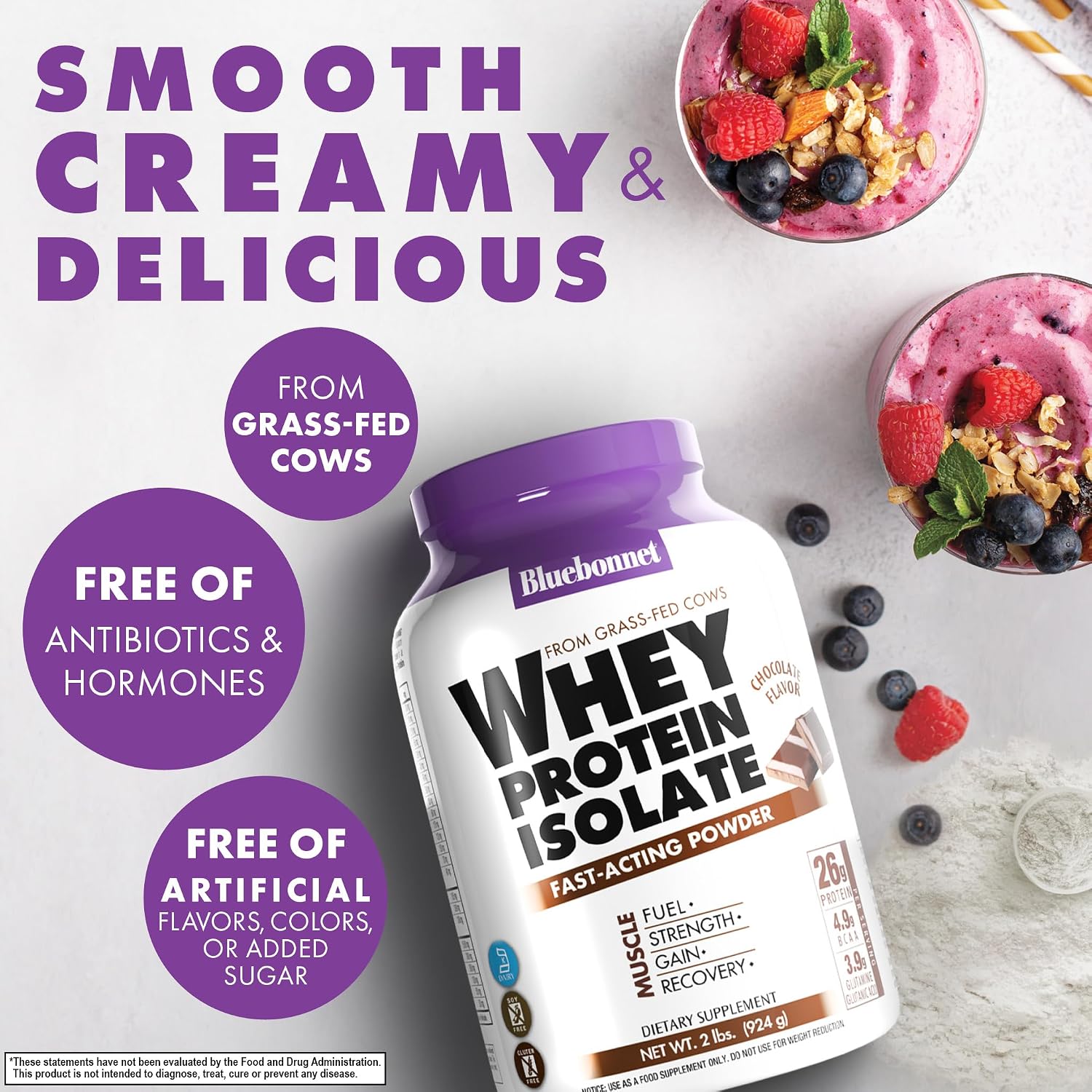 Bluebonnet Grass Fed Whey Protein Isolate 26 g Energy & Workout Recovery BCAA Amino Acids - Gluten-Free, Non-GMO