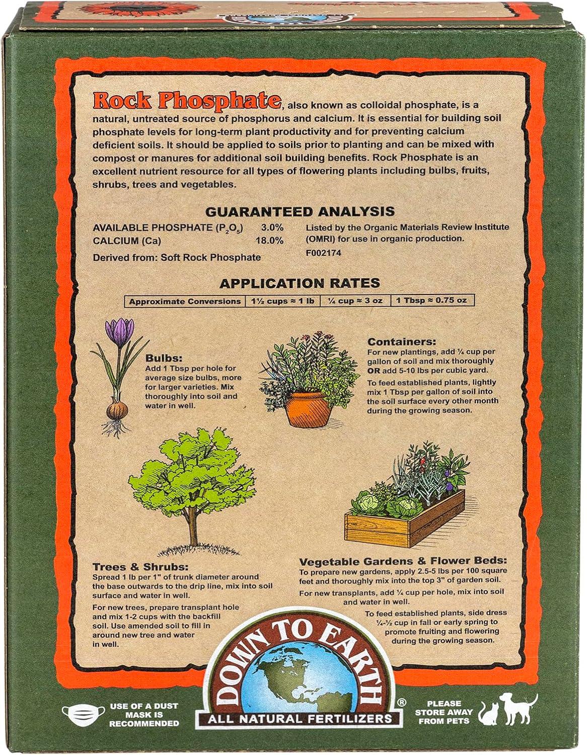 Down To Earth All Natural Fertilizers Organic Rock Phosphate - 0-3-0, 5 lb | Calcium Phosphate, Plant Food for Flower Beds, Vegetable Gardens