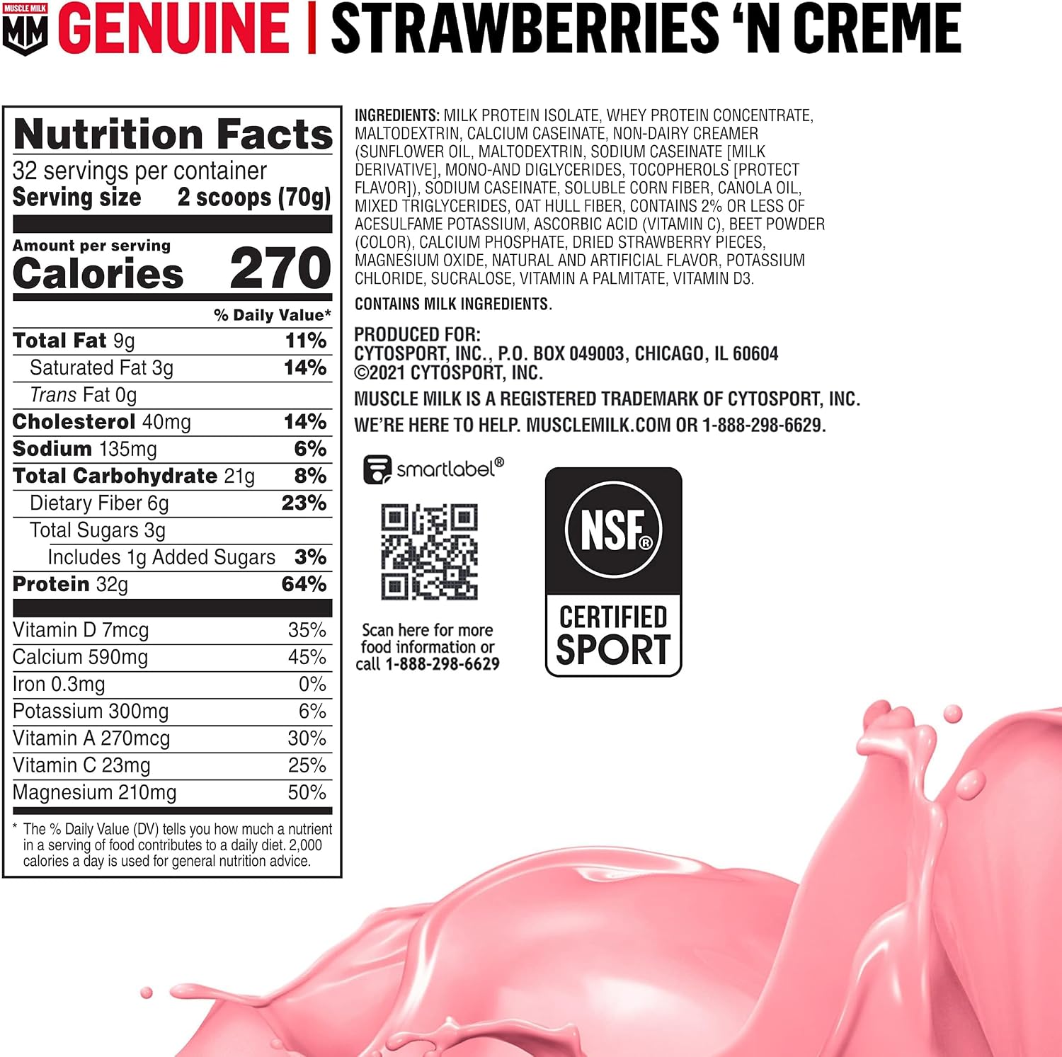 Muscle Milk Genuine Protein Powder, Chocolate, 4.94 Pound, 32 Servings, 32g Protein, 2g Sugar, Calcium, Vitamins A, C & D, NSF Certified for Sport, Energizing Snack, Packaging May Vary