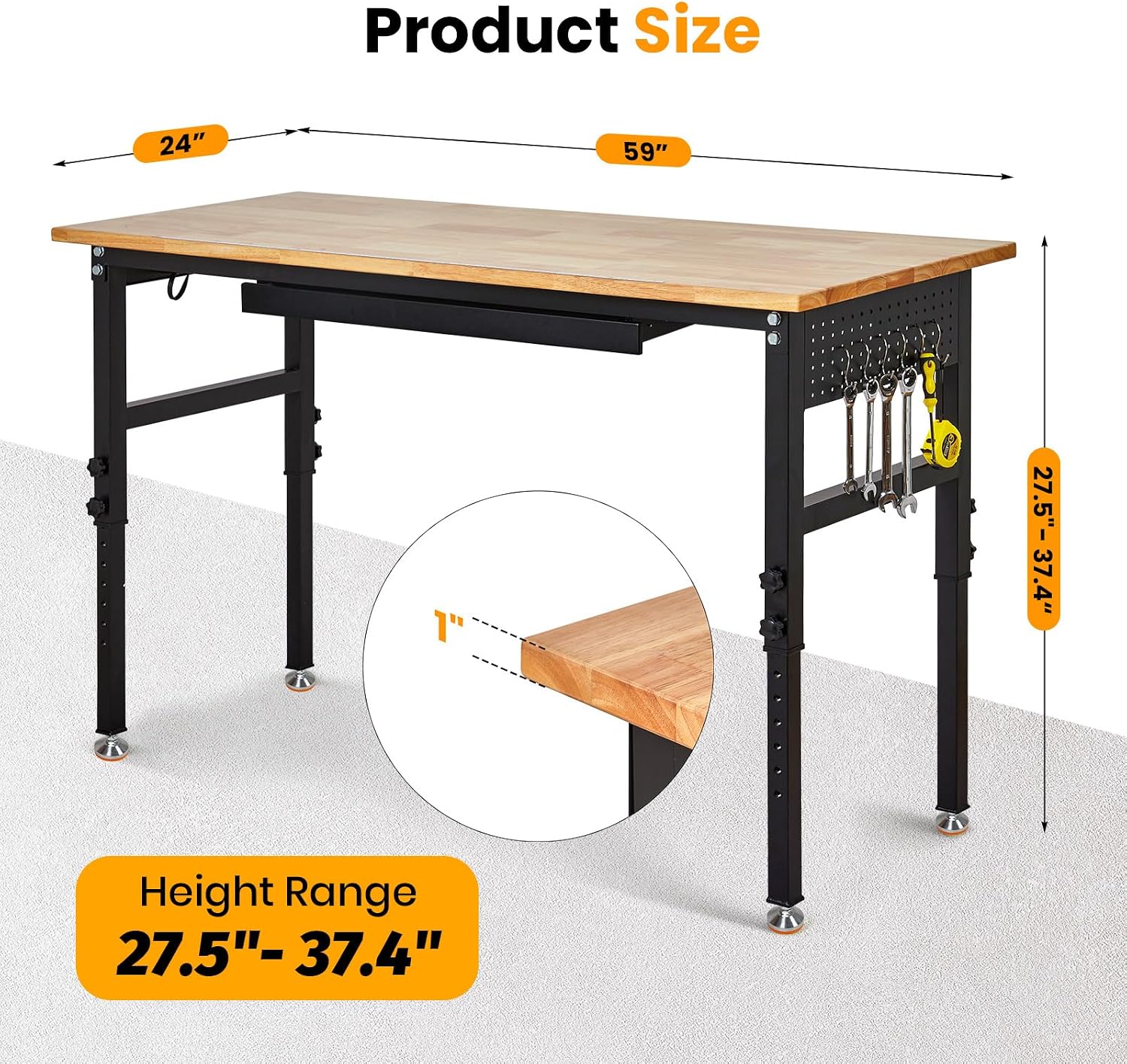 48" Adjustable Workbench, 8-Level Height Adjustable Rolling Work Table with Casters & Scale, Sit & Stand 2-in-1 Garage Tool Table with Pegboard & Hooks, for Workshop, Warehouse, DIY Projects